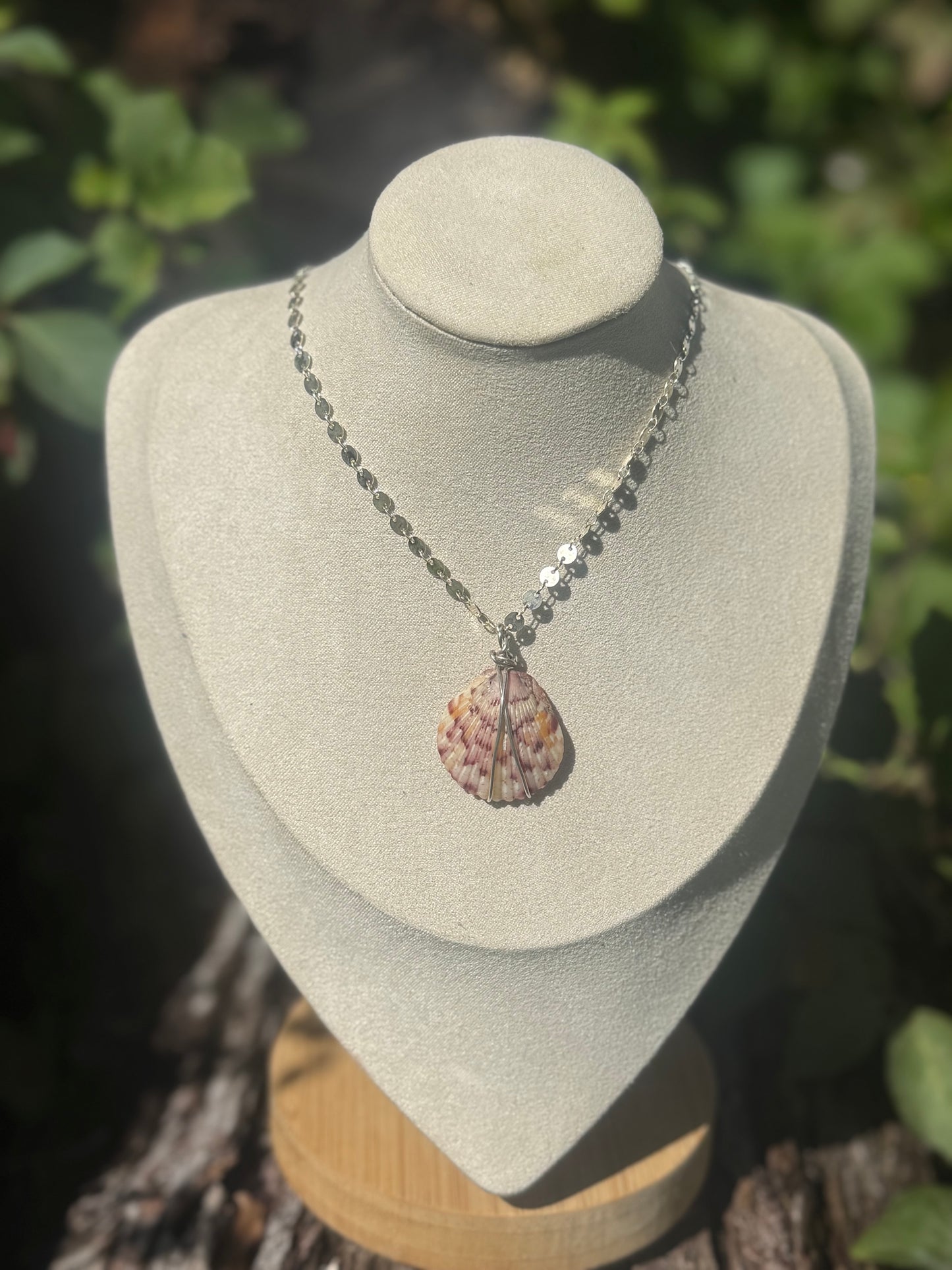 Wire wrapped shell necklace with coin chain 18”