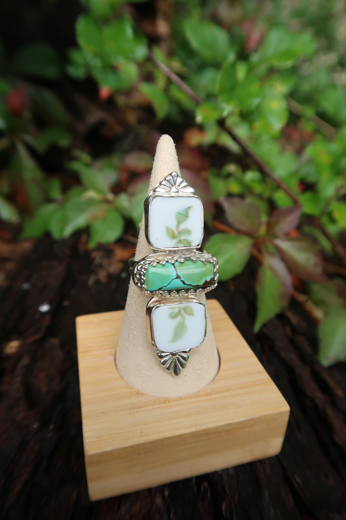 “Secret garden” ceramic and turquoise ring size 8