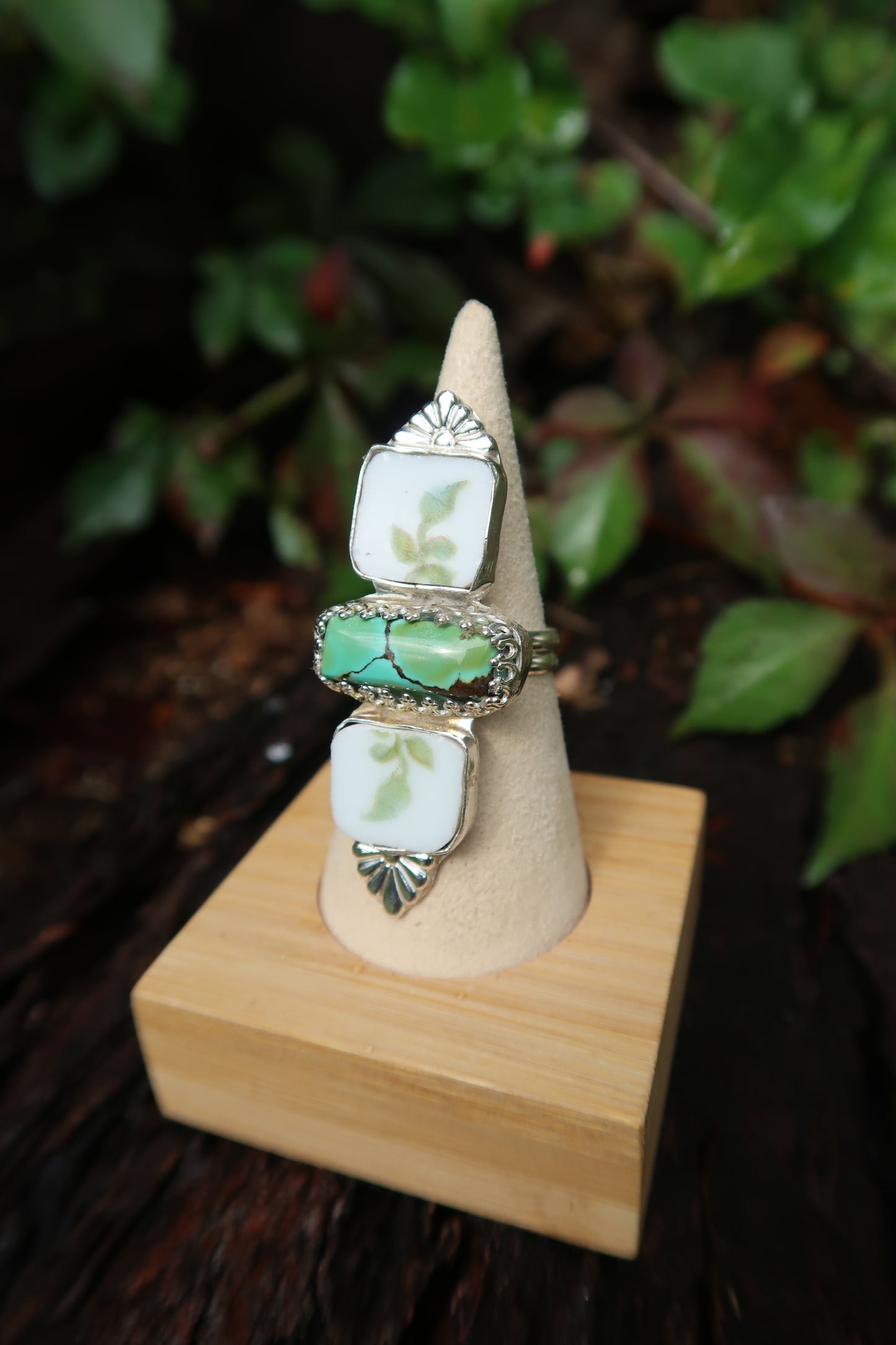 “Secret garden” ceramic and turquoise ring size 8