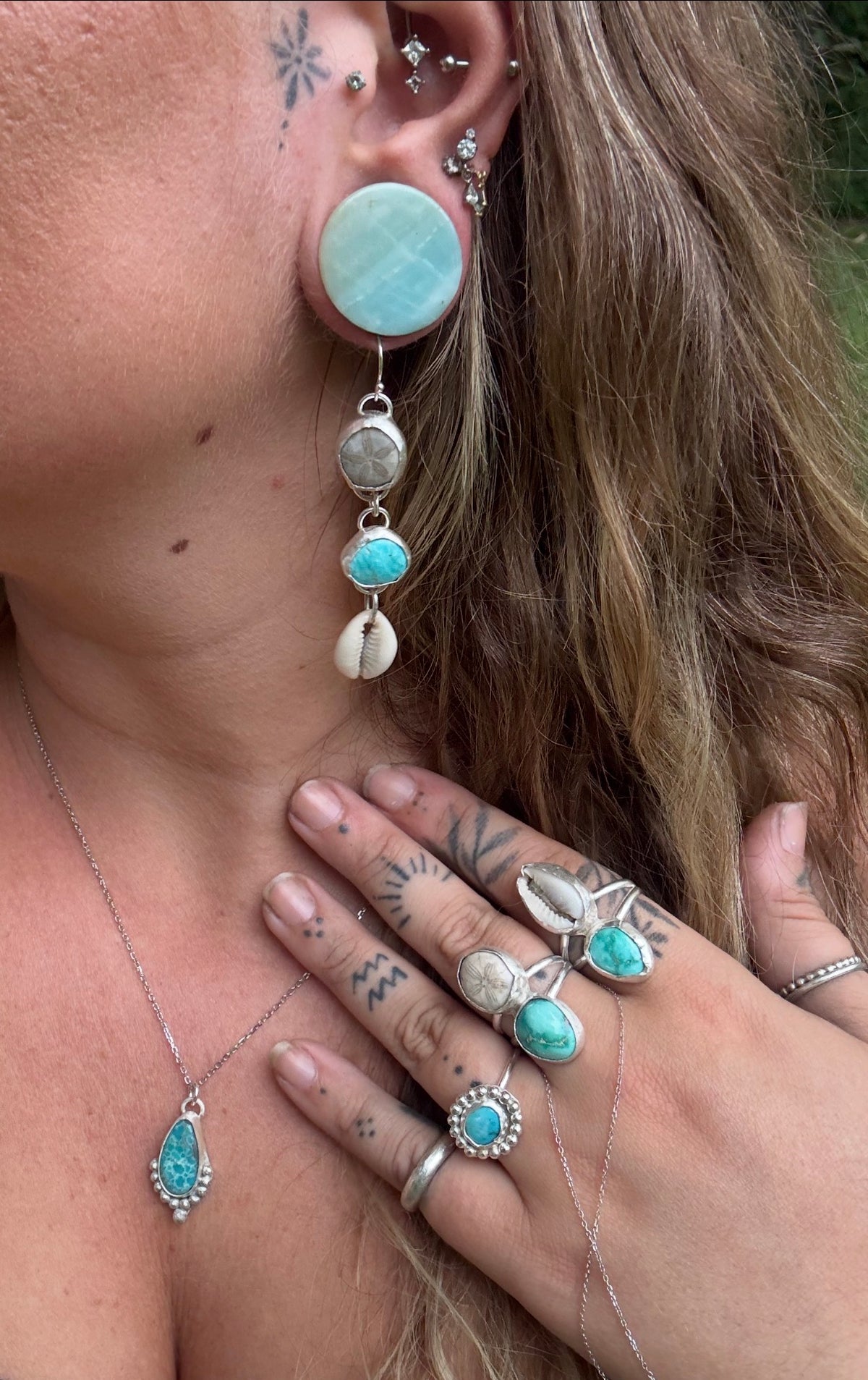 Sea biscuit, cowrie shell and lone mountain turquoise earrings