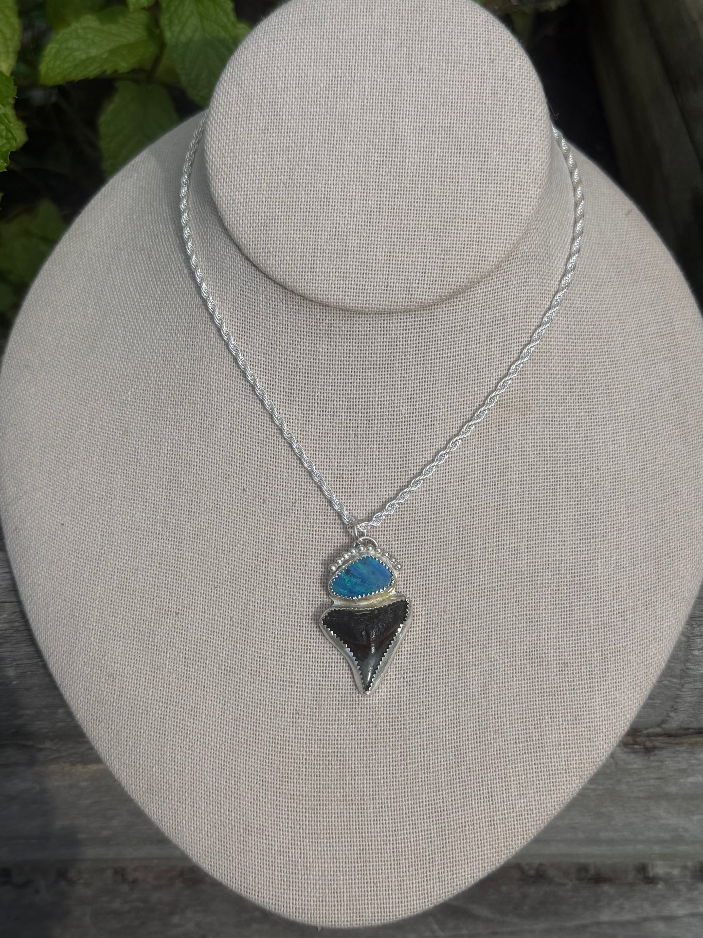 Dark blue opal and shark tooth necklace 20”
