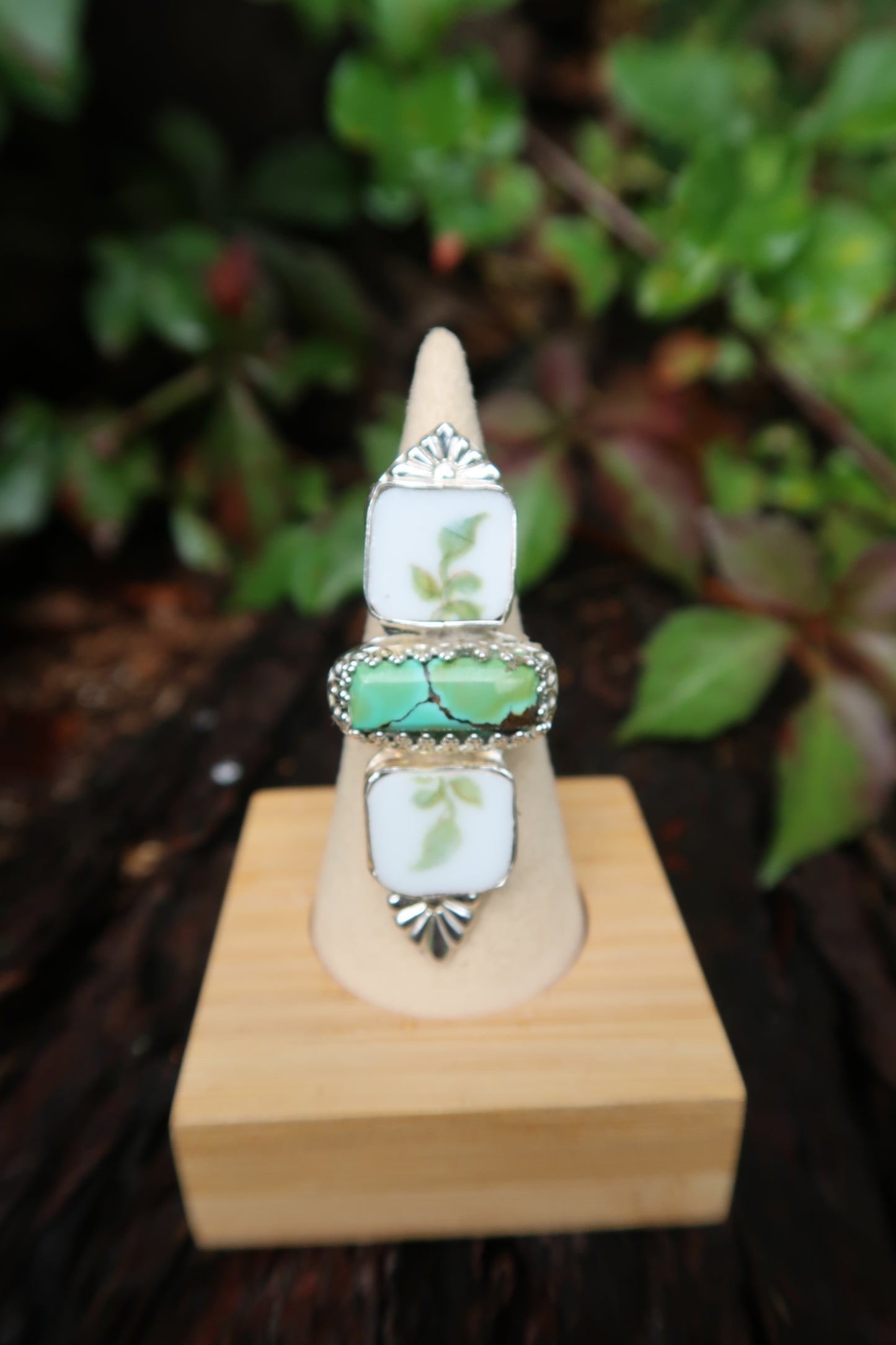 “Secret garden” ceramic and turquoise ring size 8