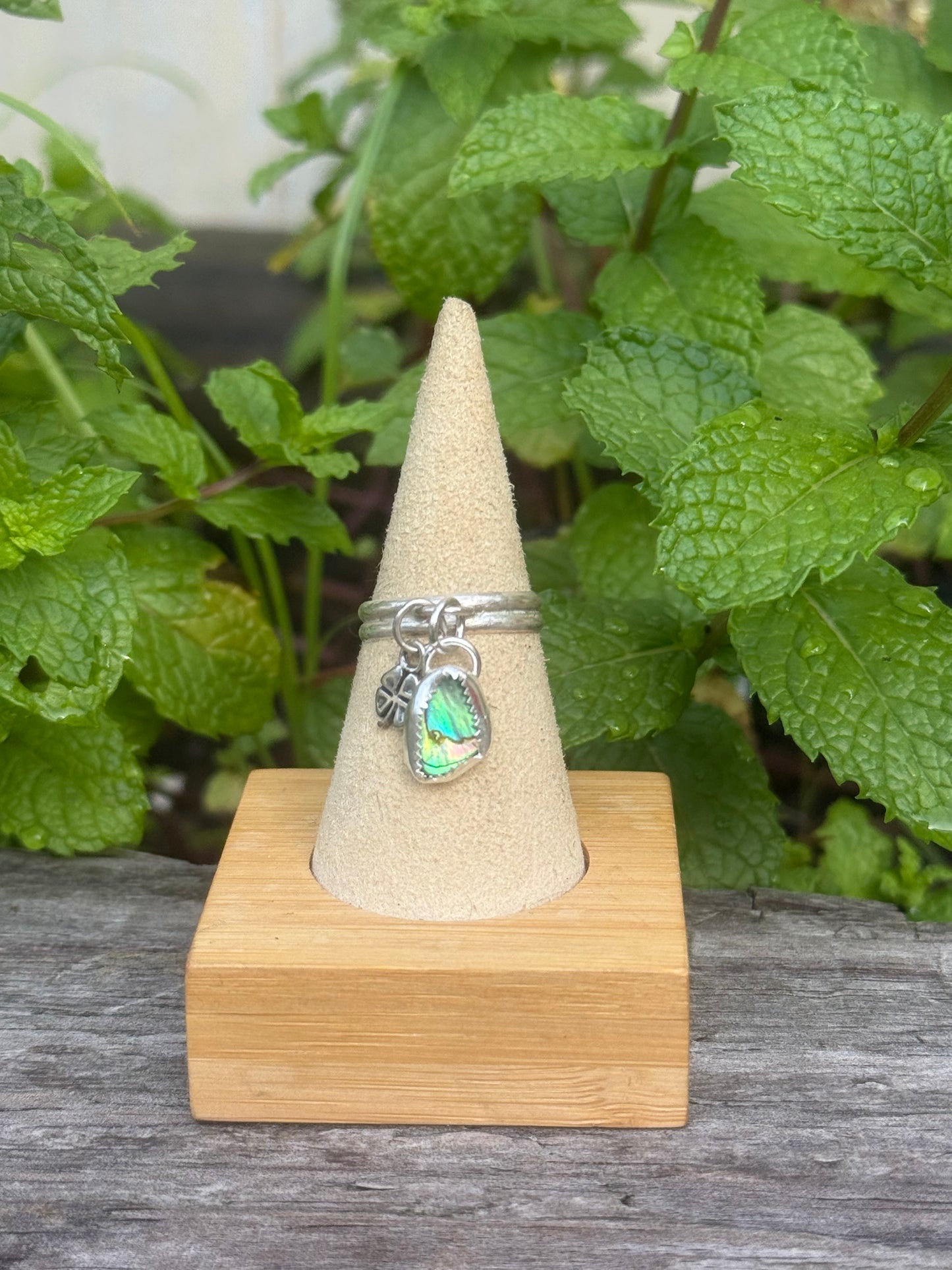 Abalone & 4 leaf clover charm ring-made in your size!
