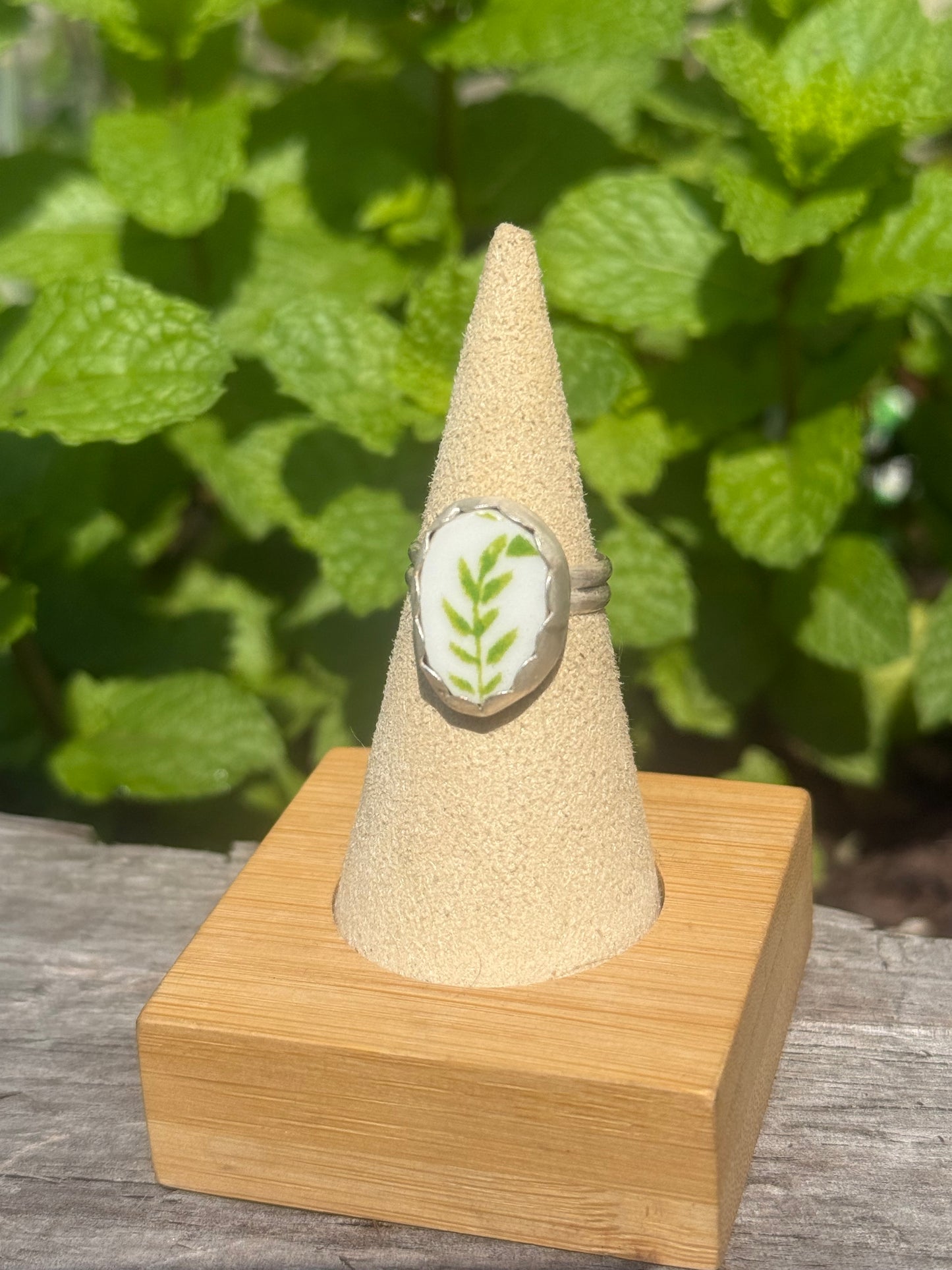 Ceramic leaf ring double band size 6