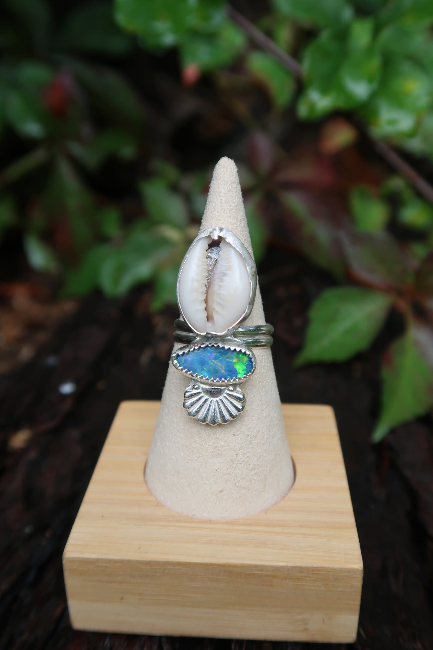 Opal and cowrie shell ring size 7.5