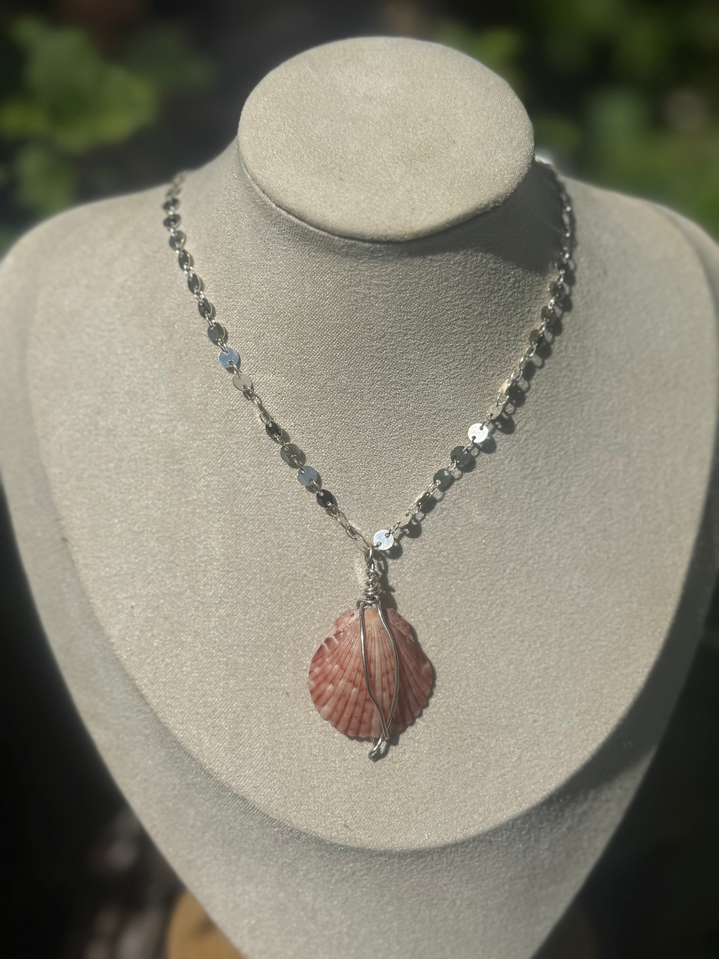 Wire wrapped shell necklace with coin chain 20”