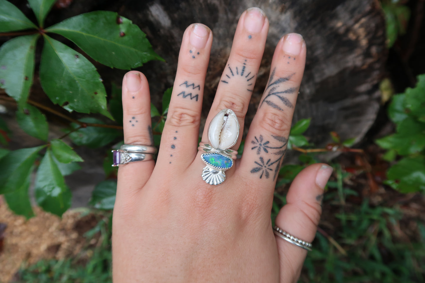 Opal and cowrie shell ring size 7.5