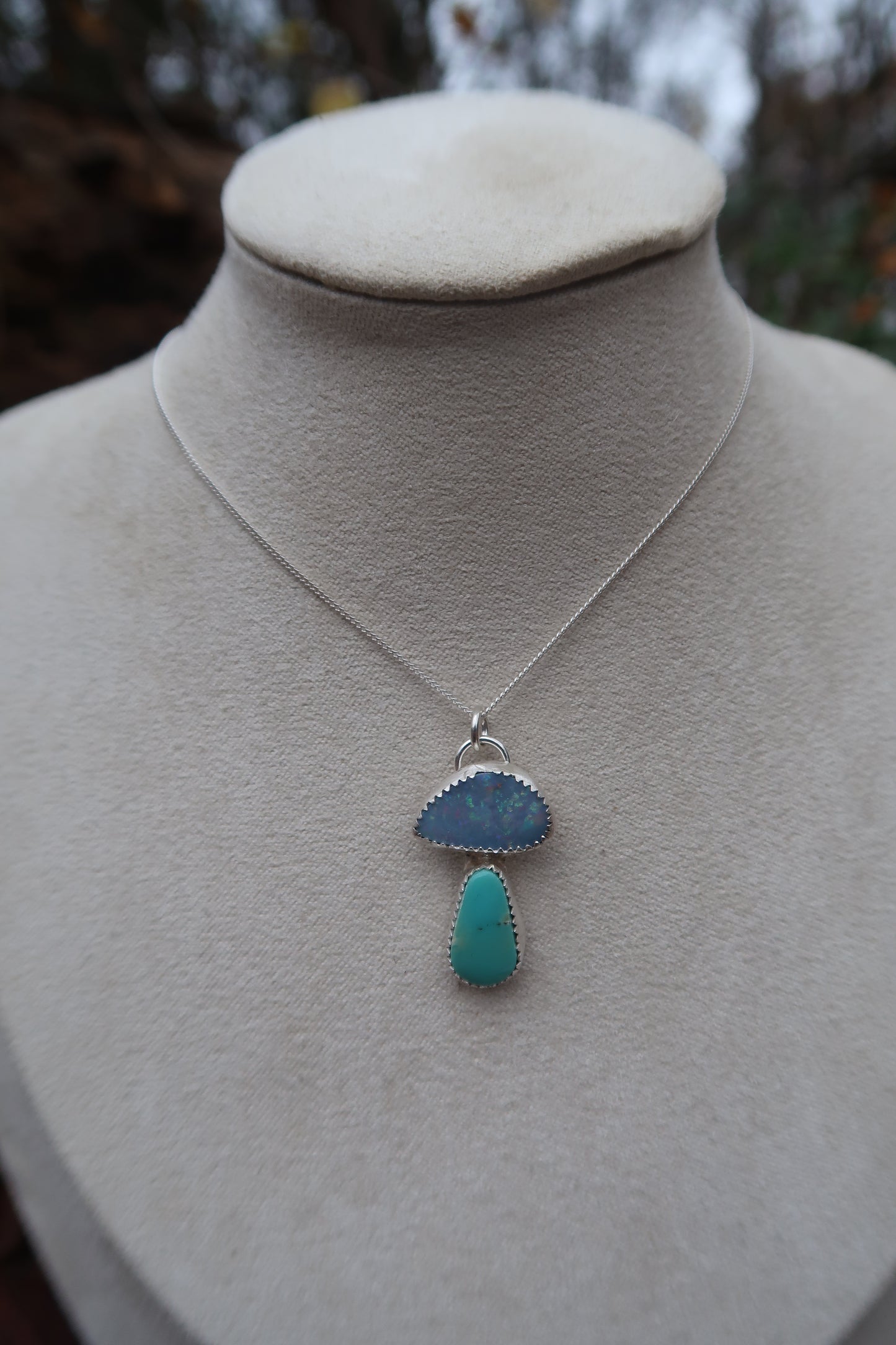 Turquoise and opal mushroom necklace 20”