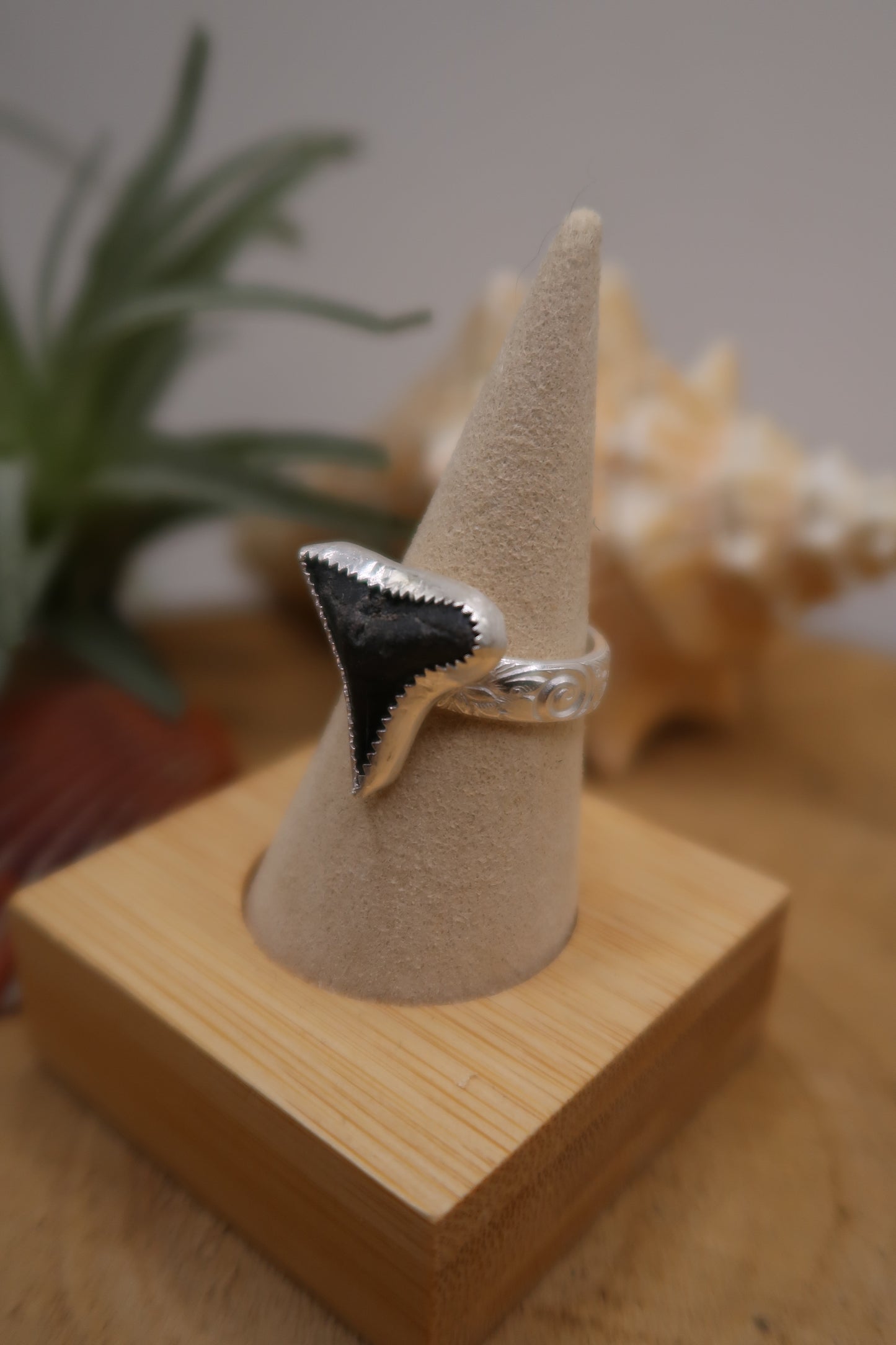 Shark tooth on flower swirl band size 9