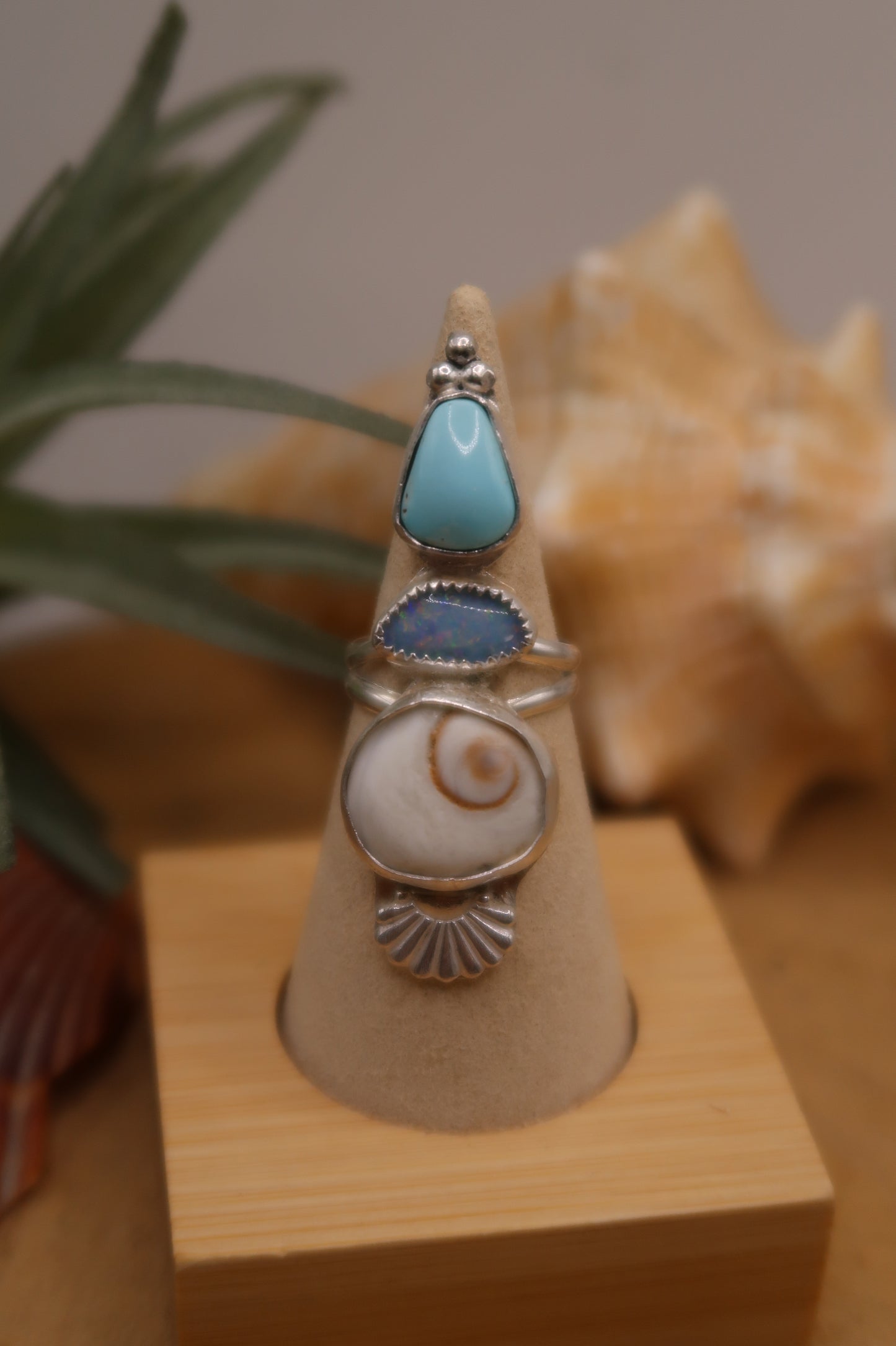 Opal and turquoise shiva shell ring size 6