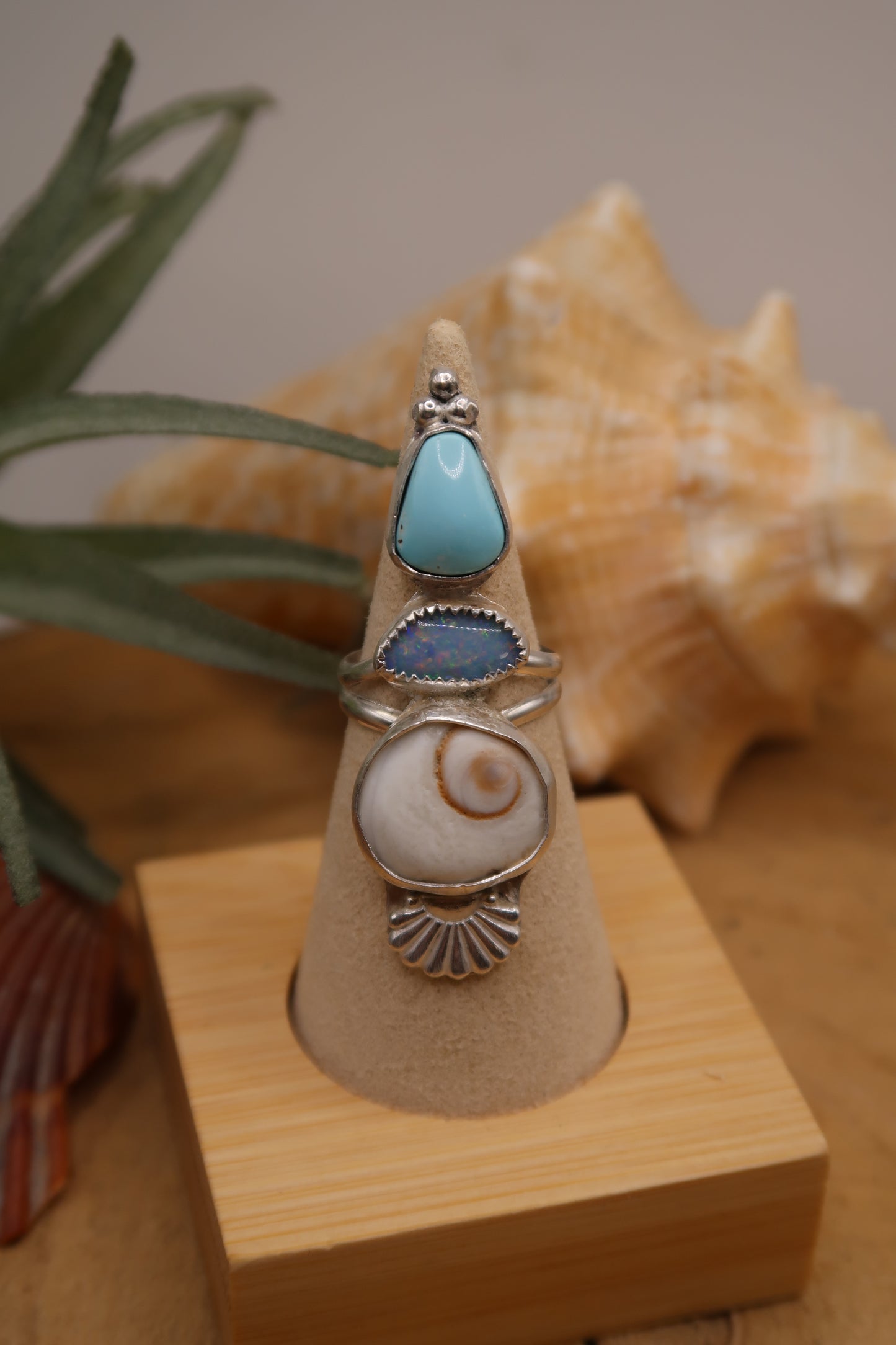 Opal and turquoise shiva shell ring size 6