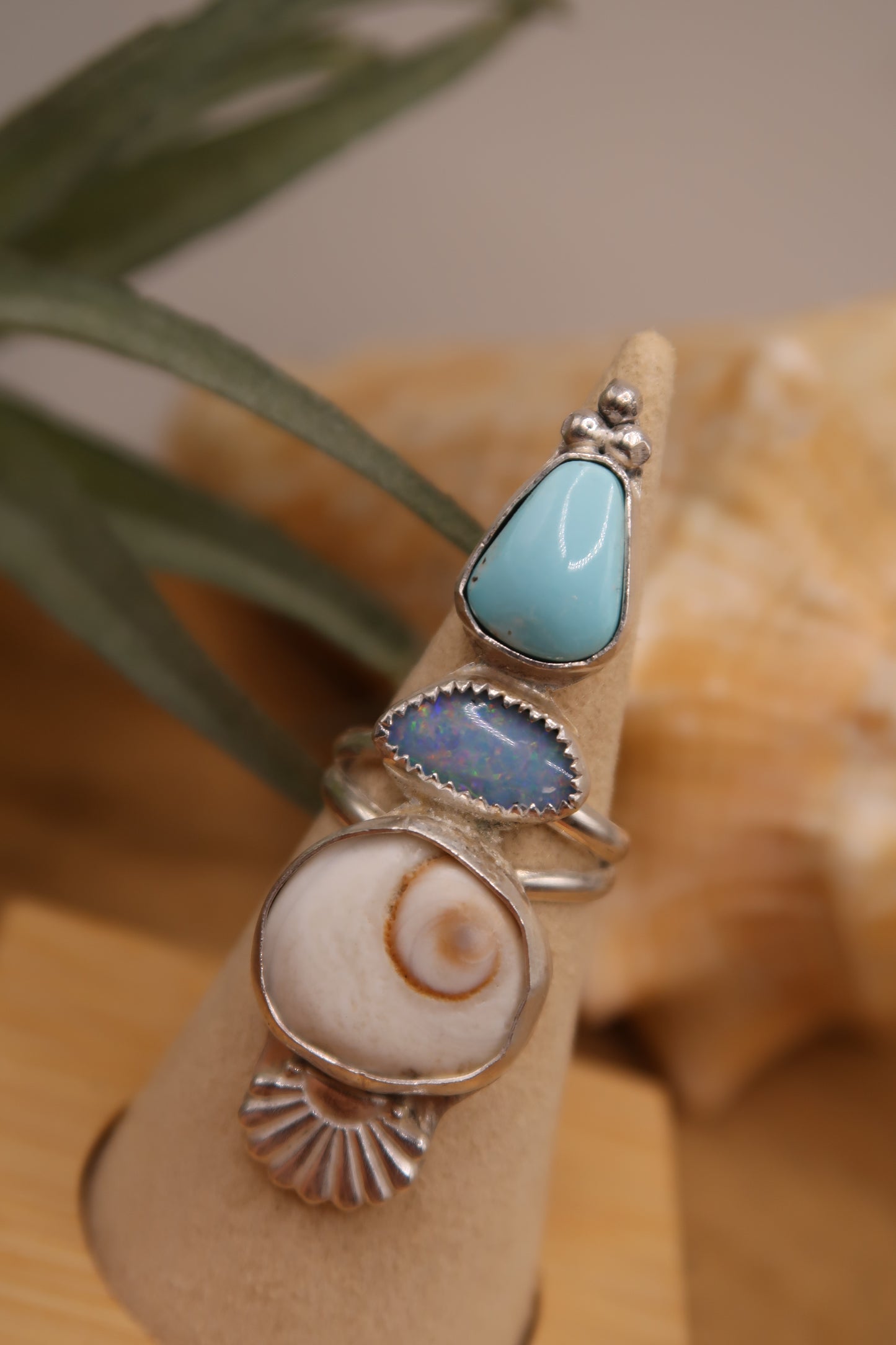 Opal and turquoise shiva shell ring size 6