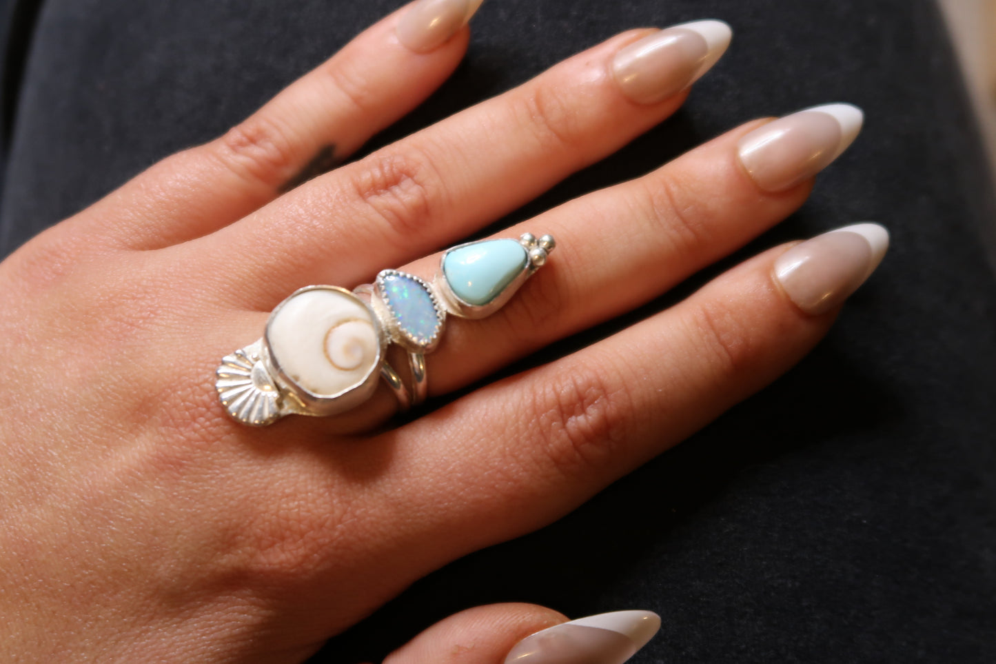 Opal and turquoise shiva shell ring size 6