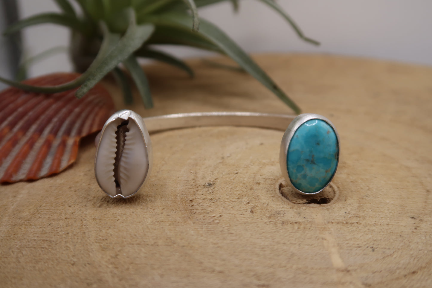 Cowrie and turquoise open cuff