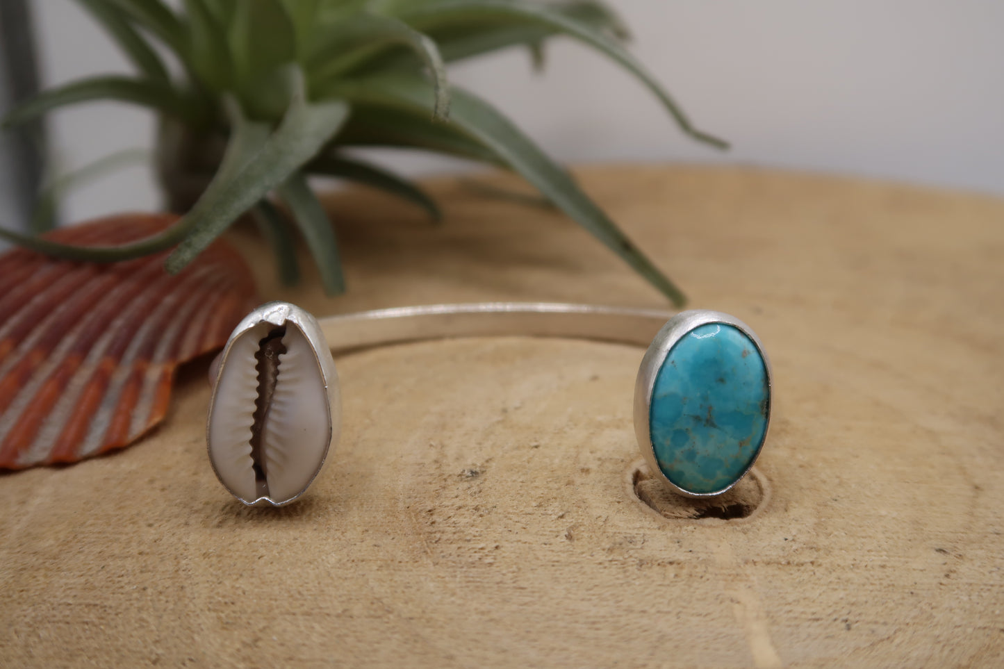 Cowrie and turquoise open cuff