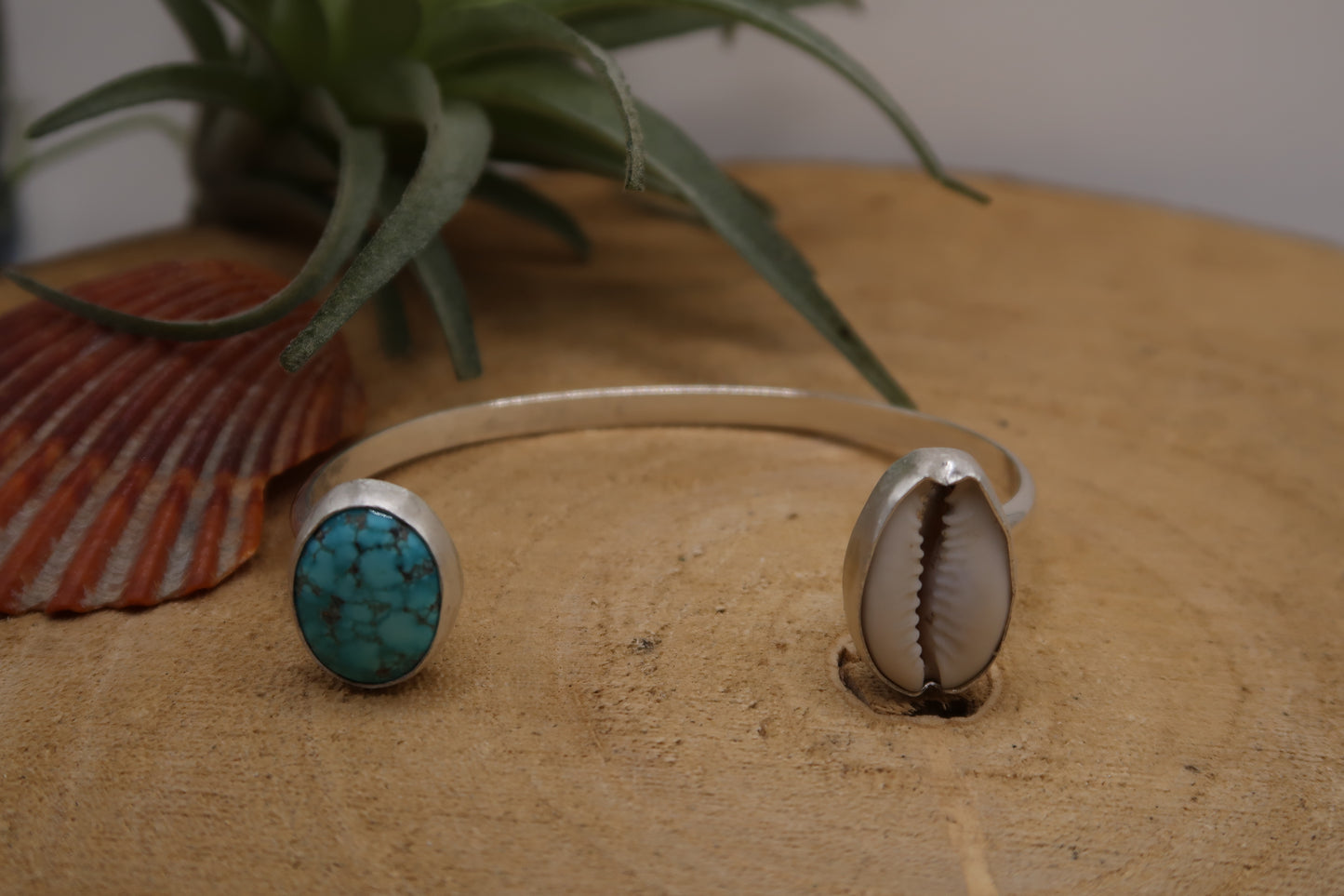 Turquoise and cowrie open cuff