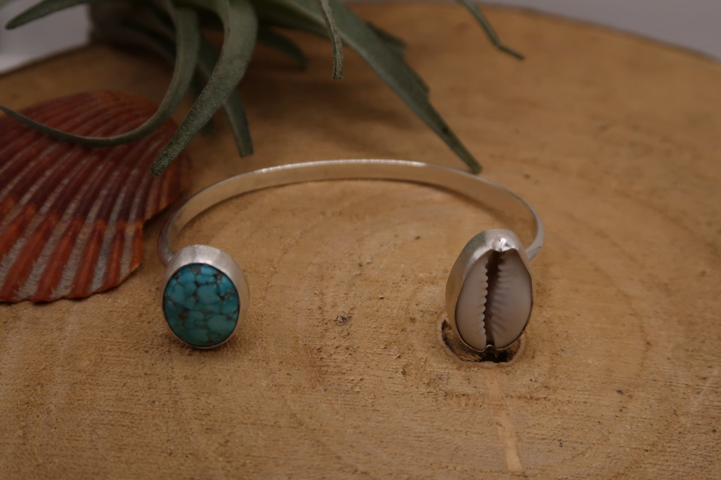 Turquoise and cowrie open cuff