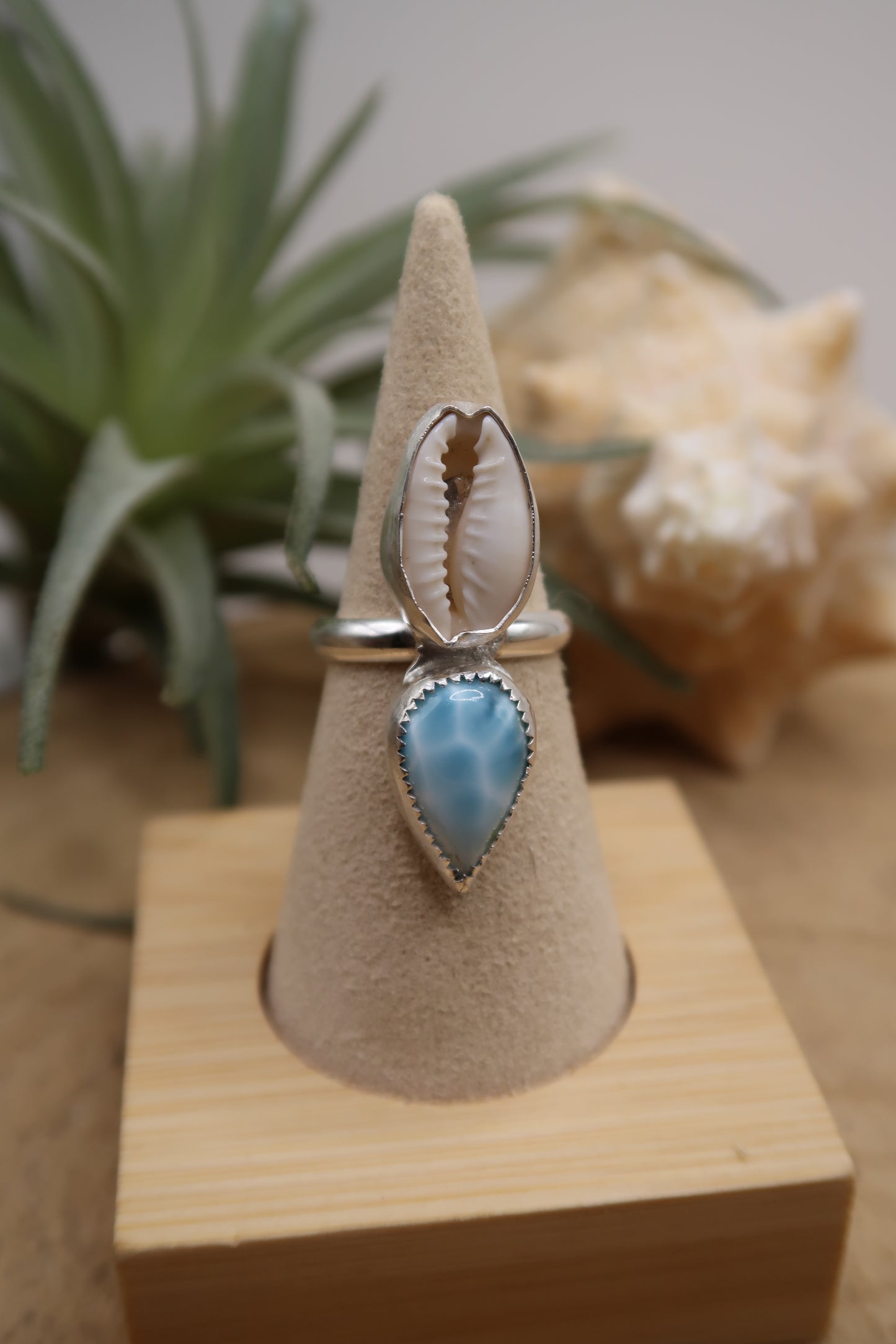 Larimar and cowrie shell ring size 6