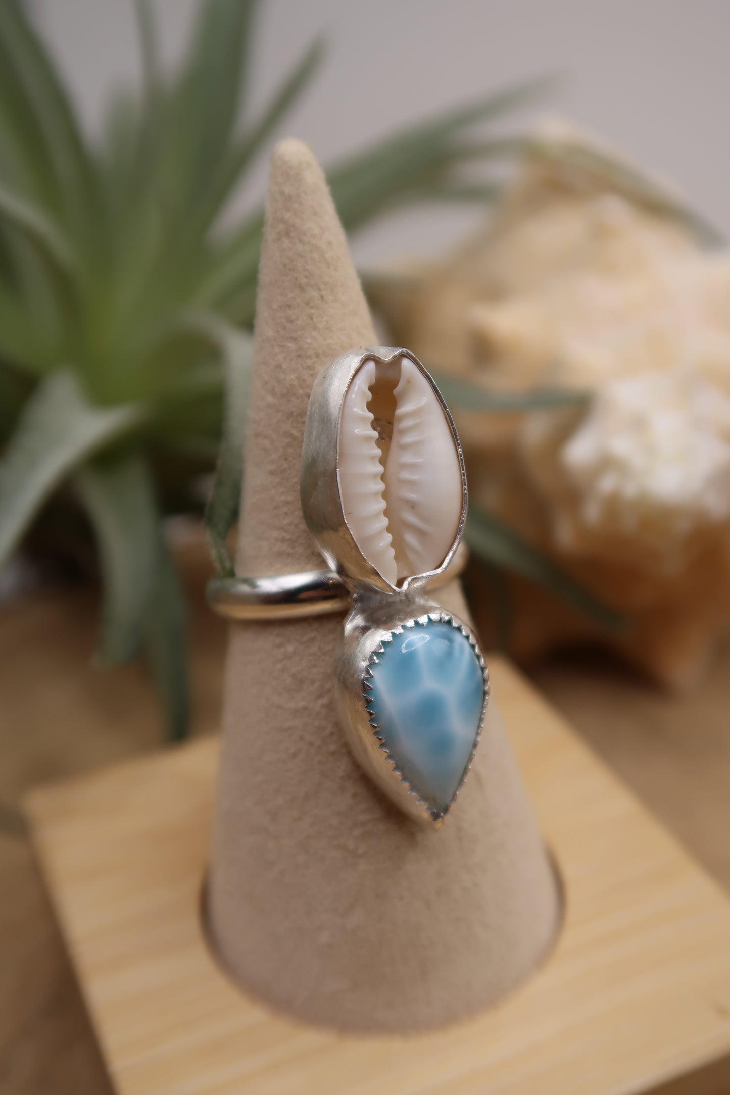 Larimar and cowrie shell ring size 6