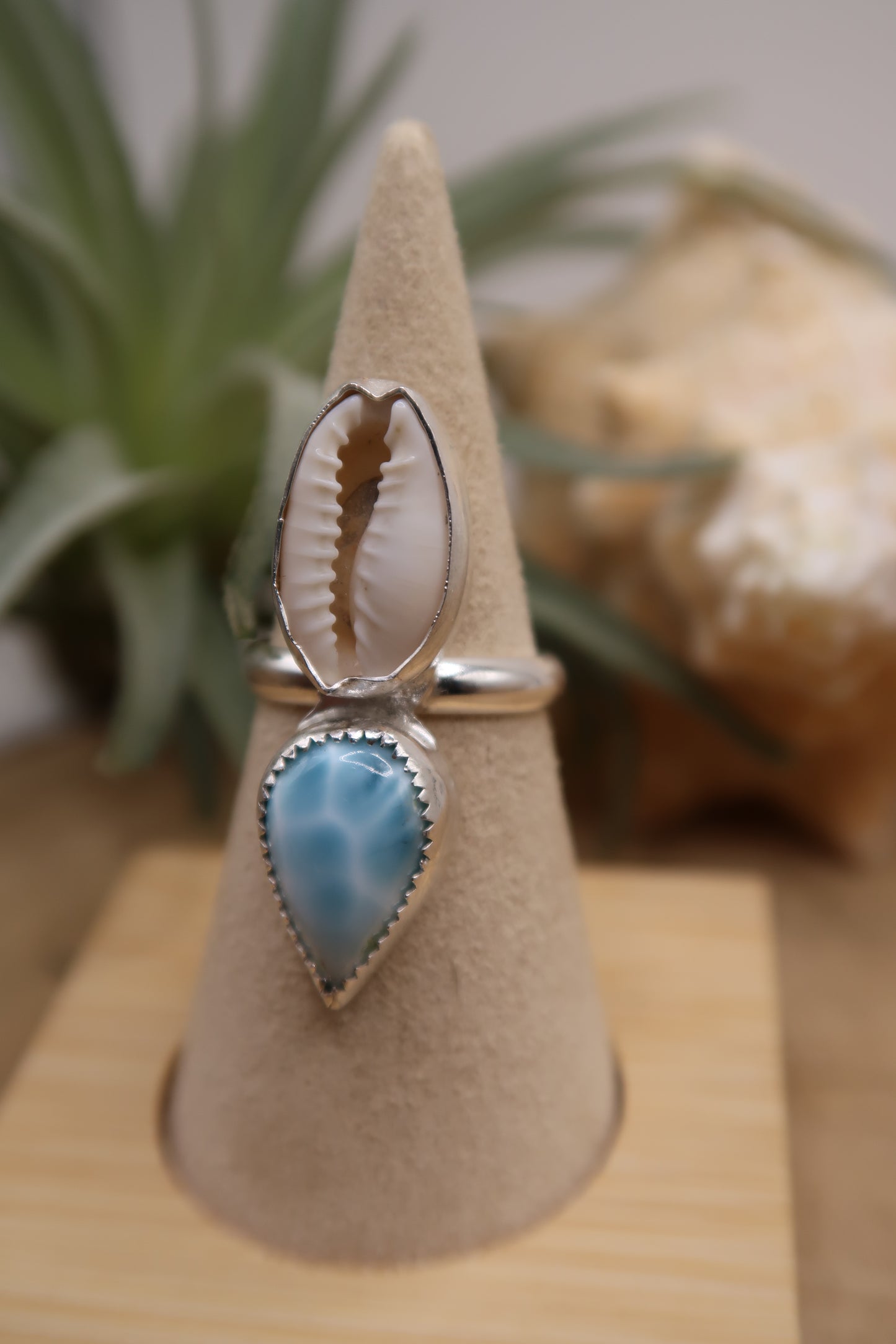 Larimar and cowrie shell ring size 6
