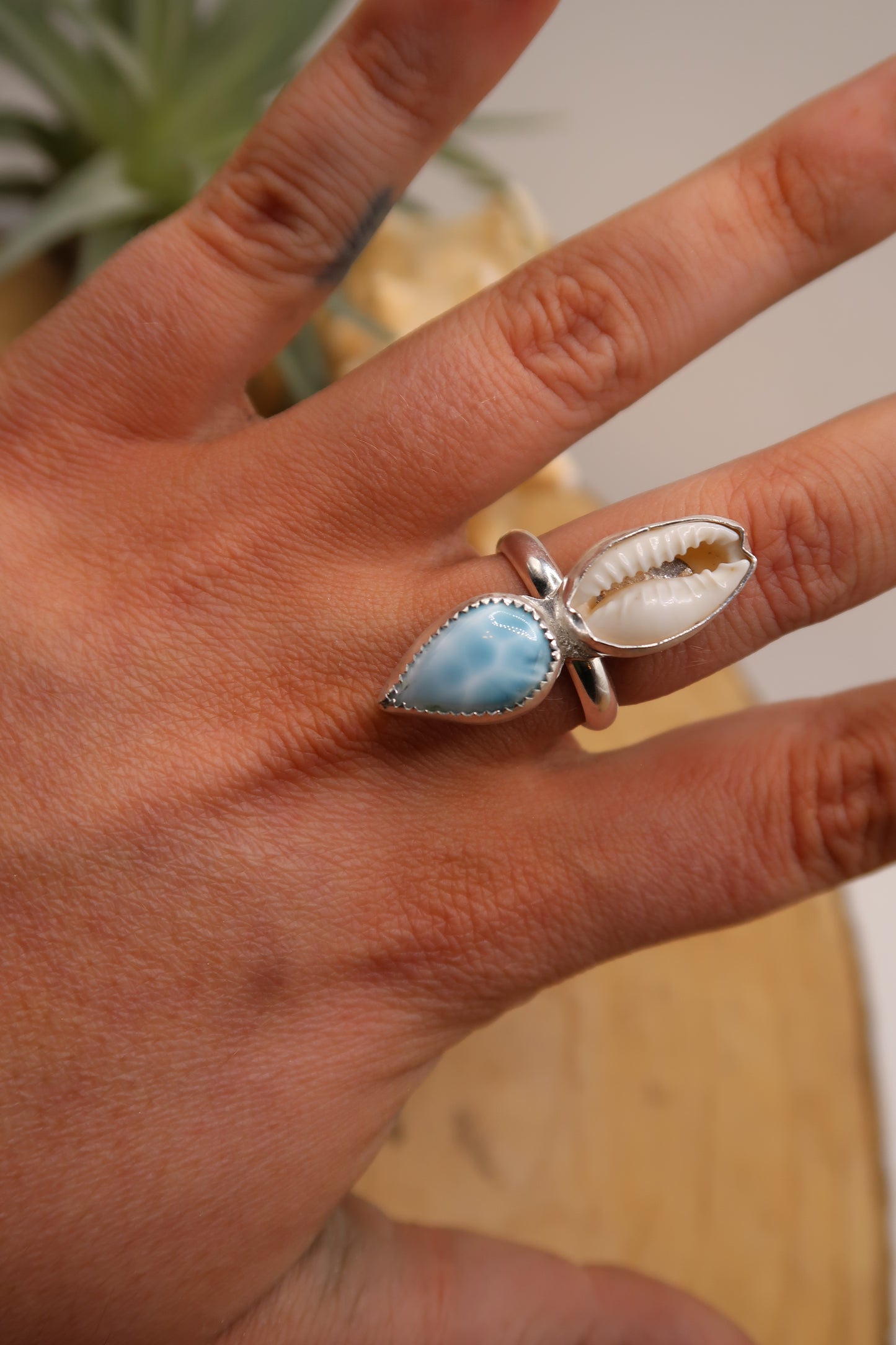 Larimar and cowrie shell ring size 6