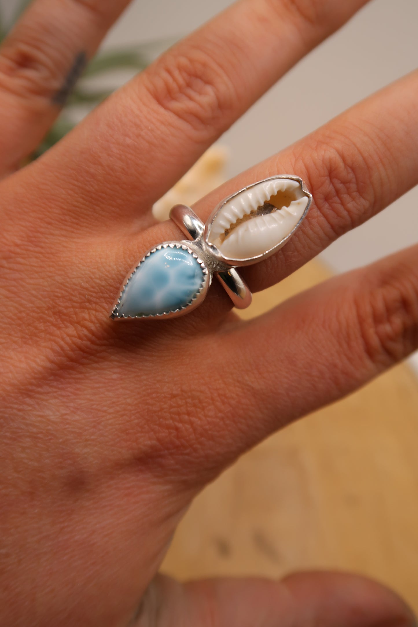 Larimar and cowrie shell ring size 6