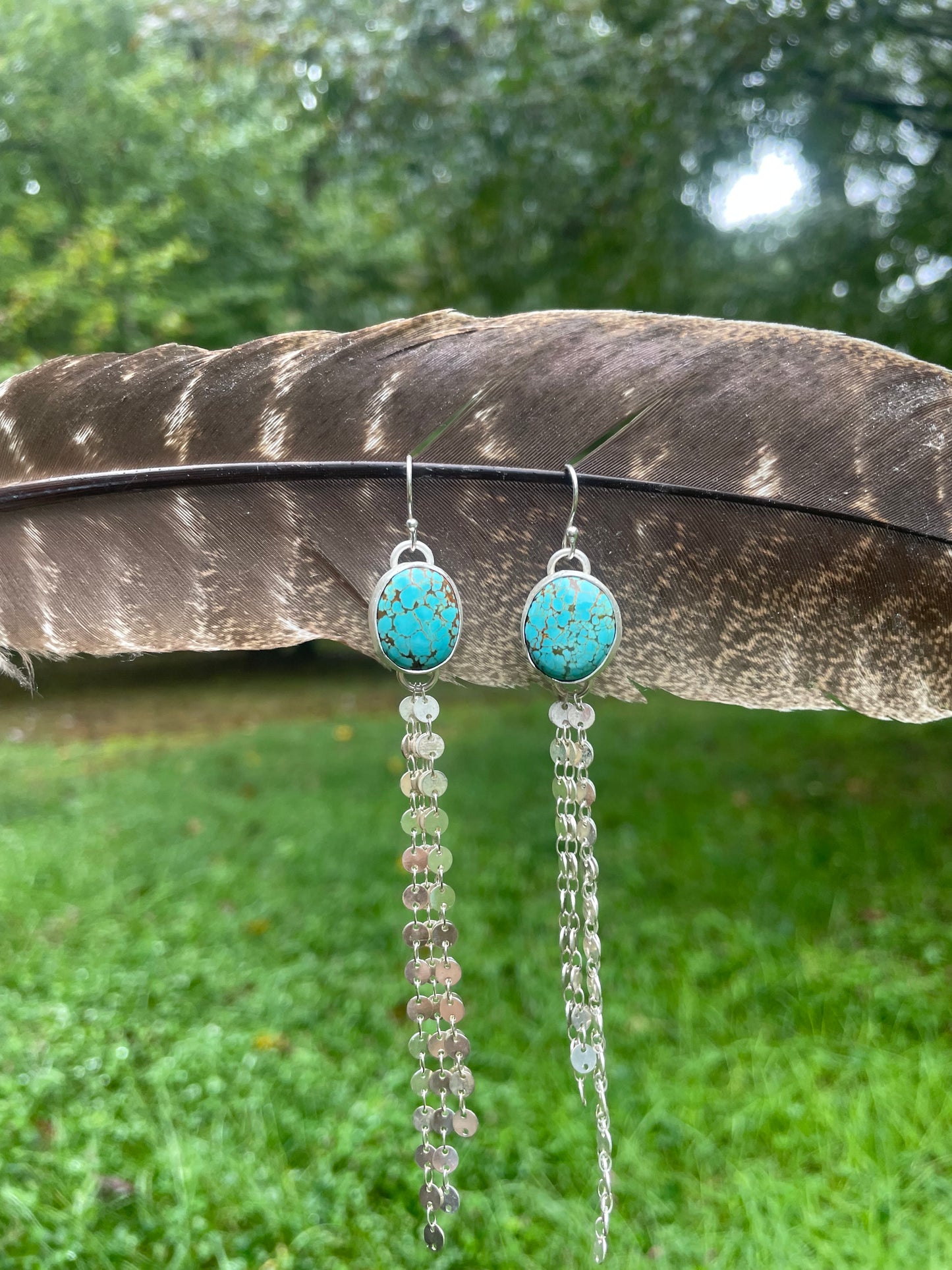 Number 8 turquoise coin chain dangle earrings