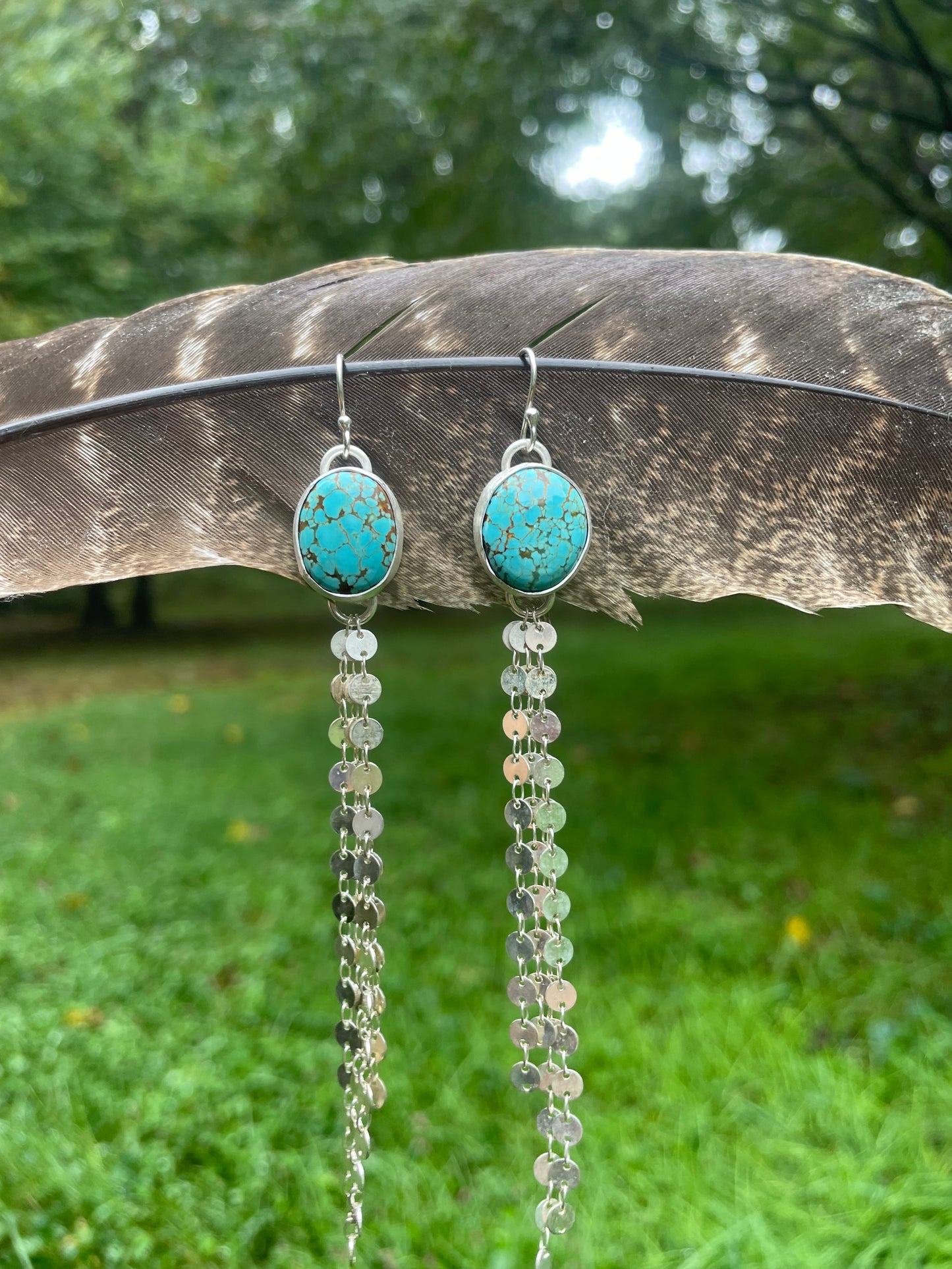Number 8 turquoise coin chain dangle earrings