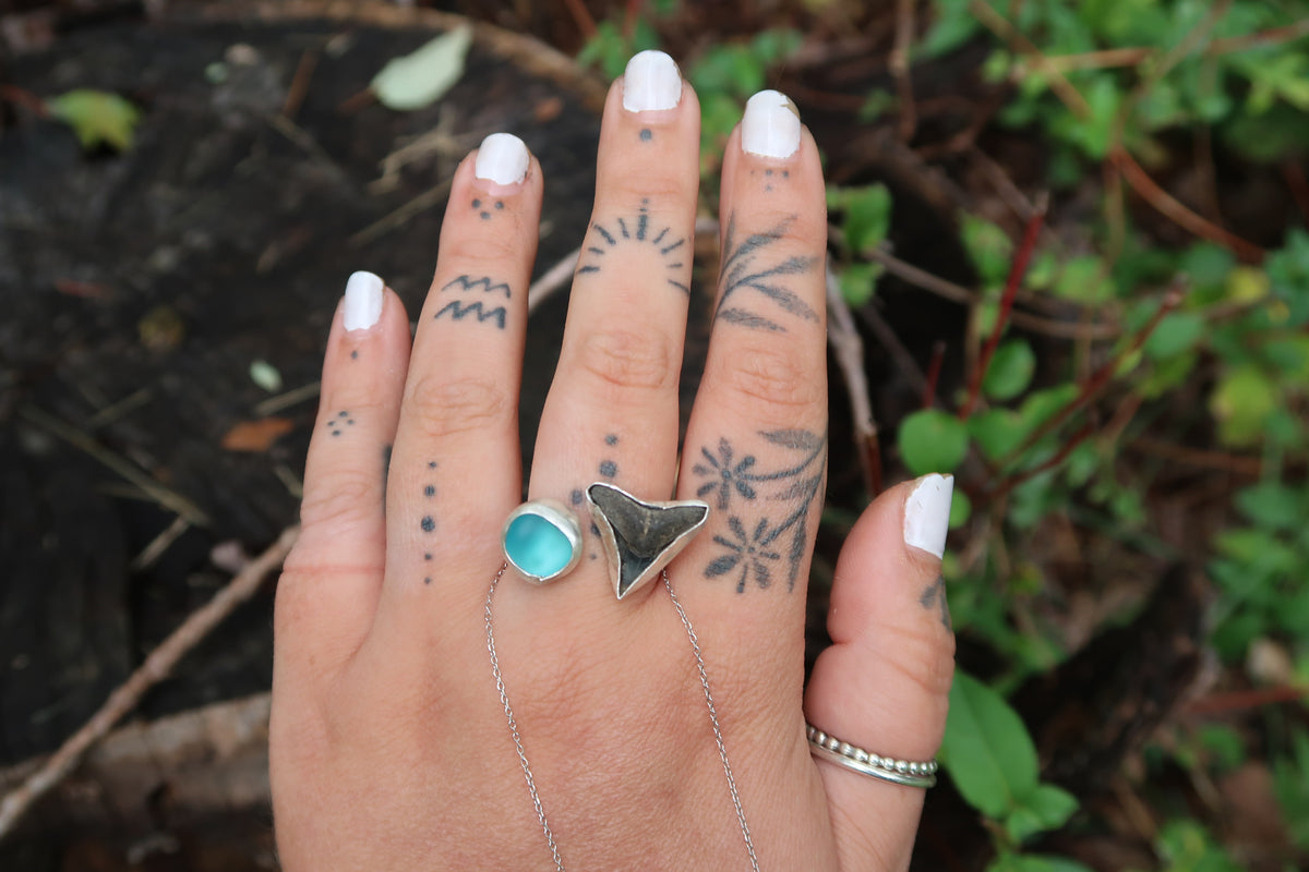 Adjustable blue seaglass and shark tooth ring size 6.5