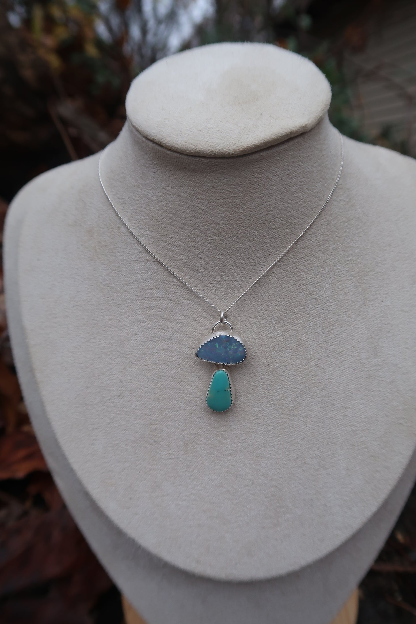 Turquoise and opal mushroom necklace 20”