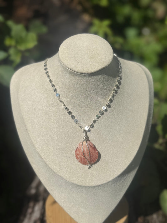 Wire wrapped shell necklace with coin chain 20”