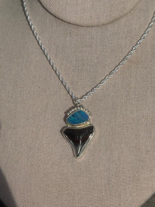Dark blue opal and shark tooth necklace 20”