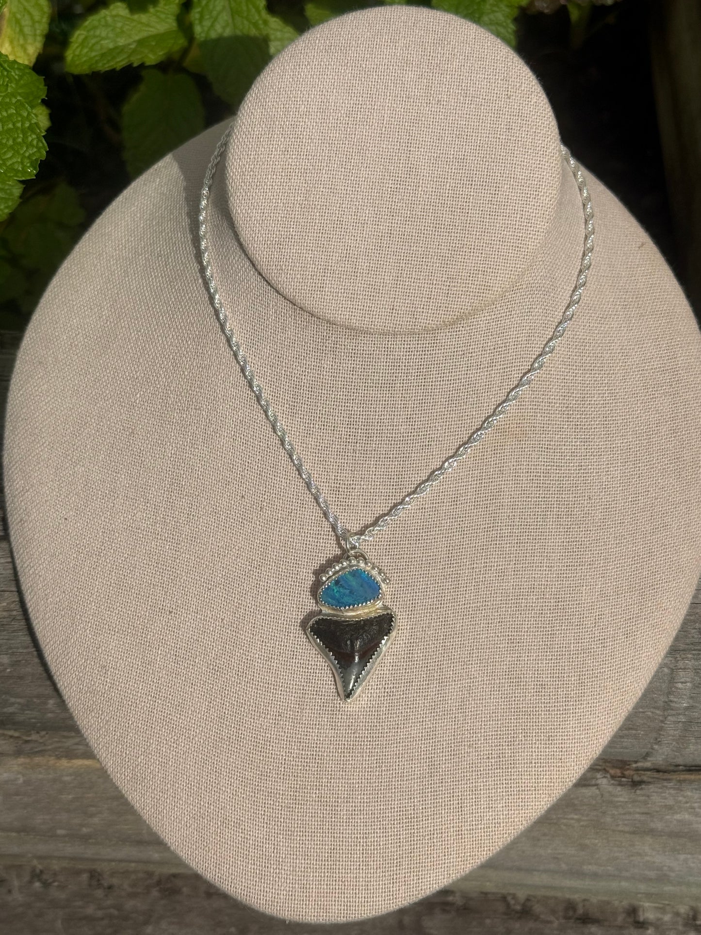 Dark blue opal and shark tooth necklace 20”