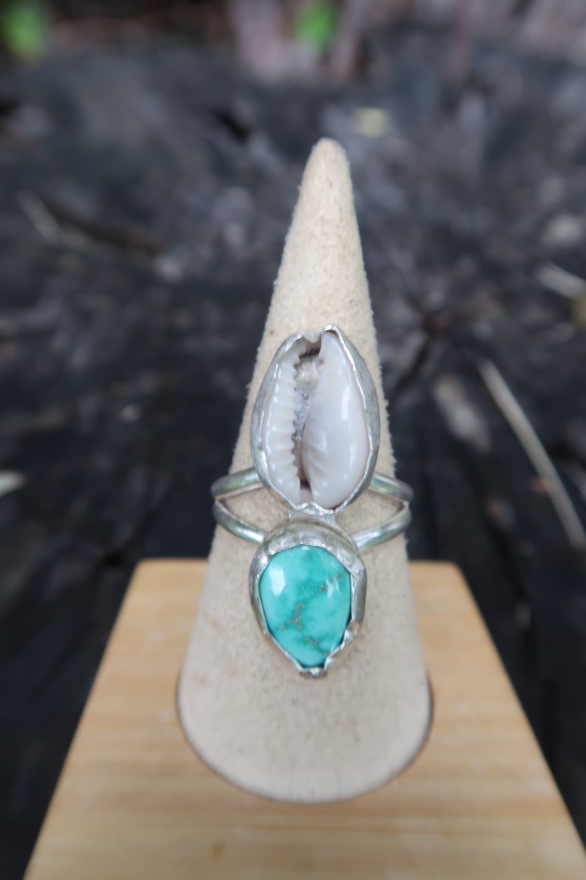 Cowrie shell and verde valley turquoise ring size 10