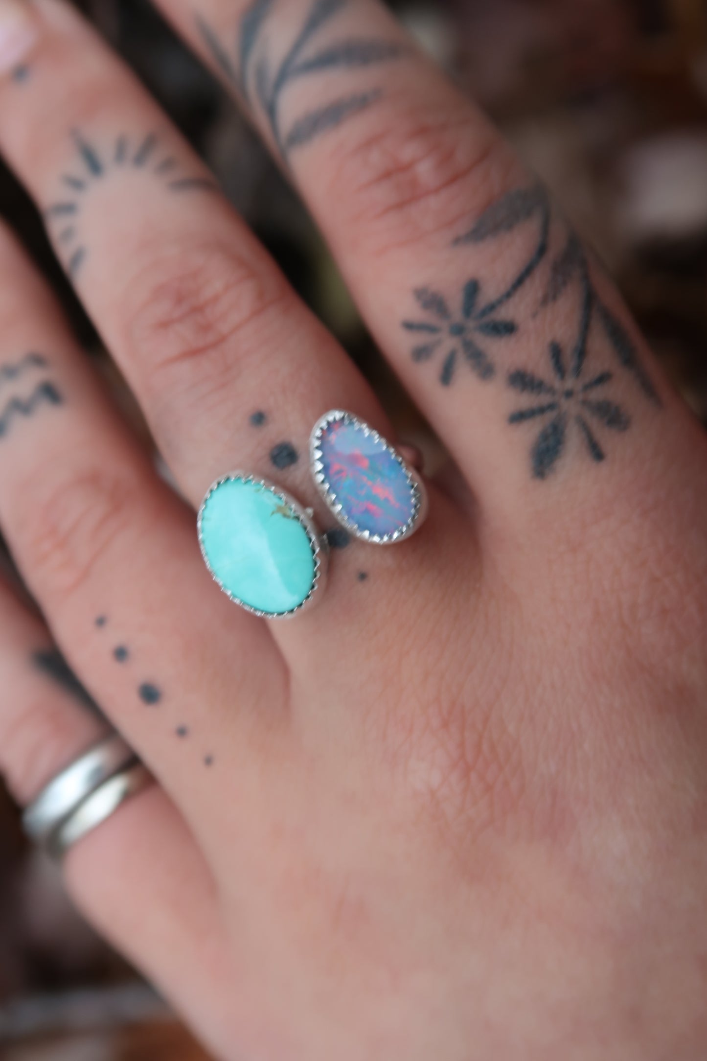 Turquoise and opal open shank ring size 7