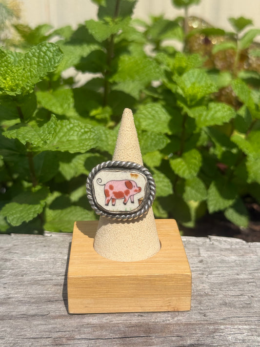 Pink pig ceramic ring size 7.5