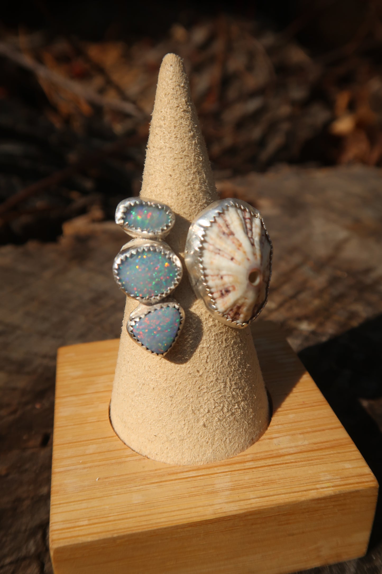 Triple opal and opihi shell adjustable ring size 7
