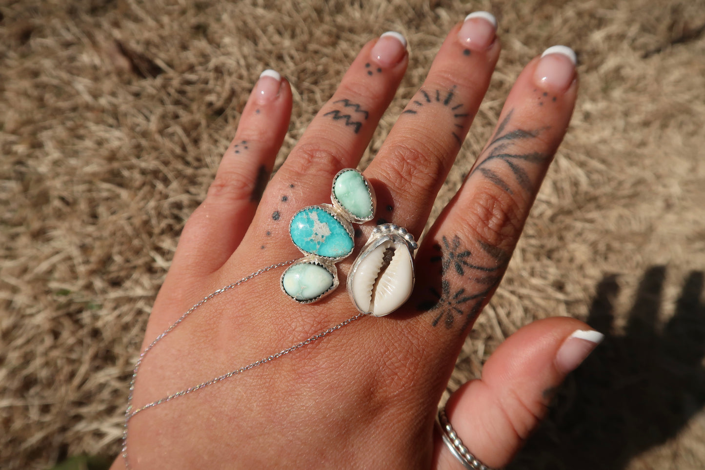 White water turquoise and variscite cowrie shell adjustable ring size 8