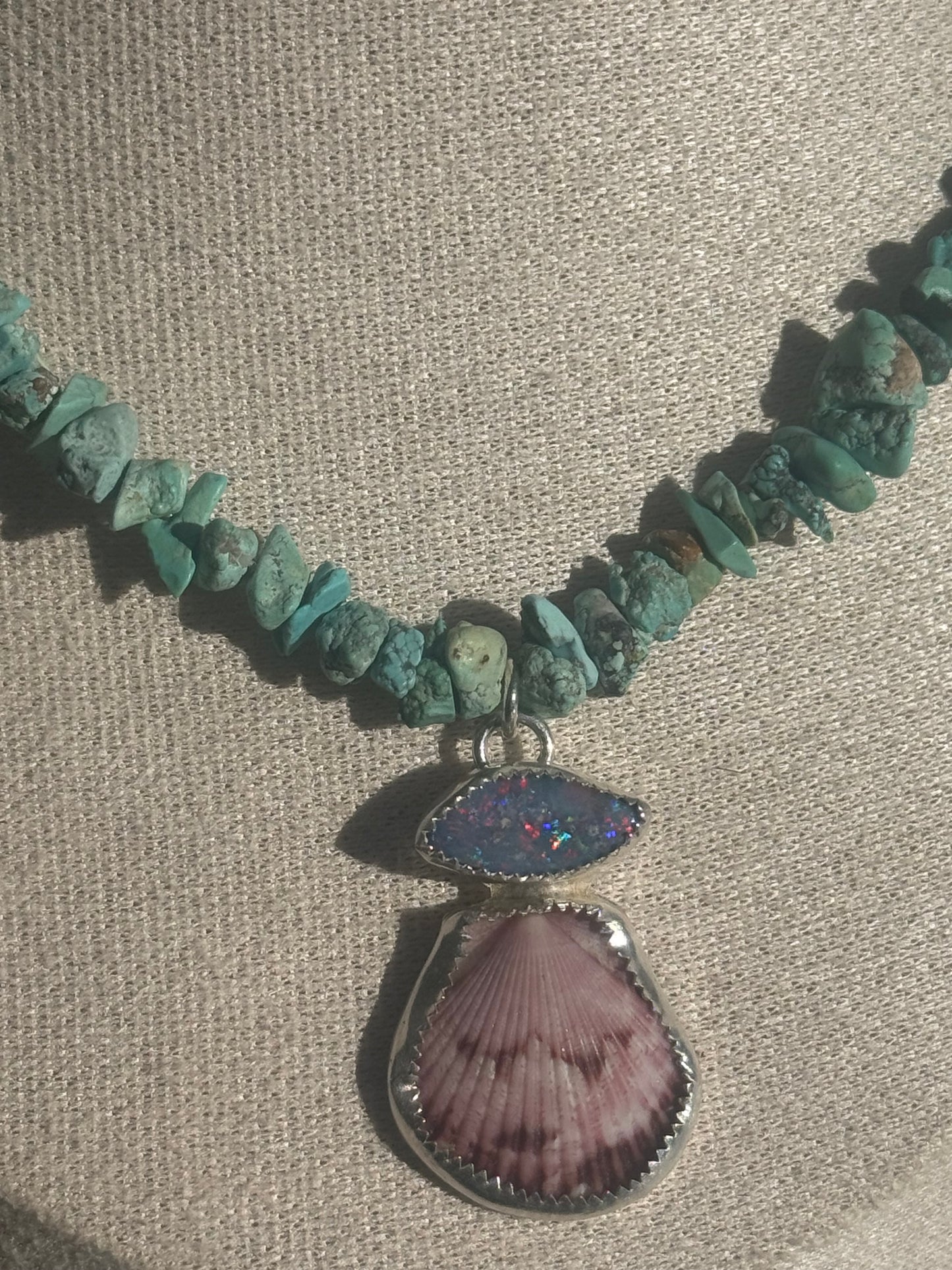 Turquoise necklace with opal and shell 16”
