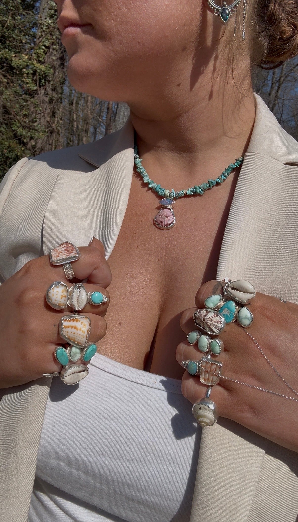 Turquoise necklace with opal and shell 16”