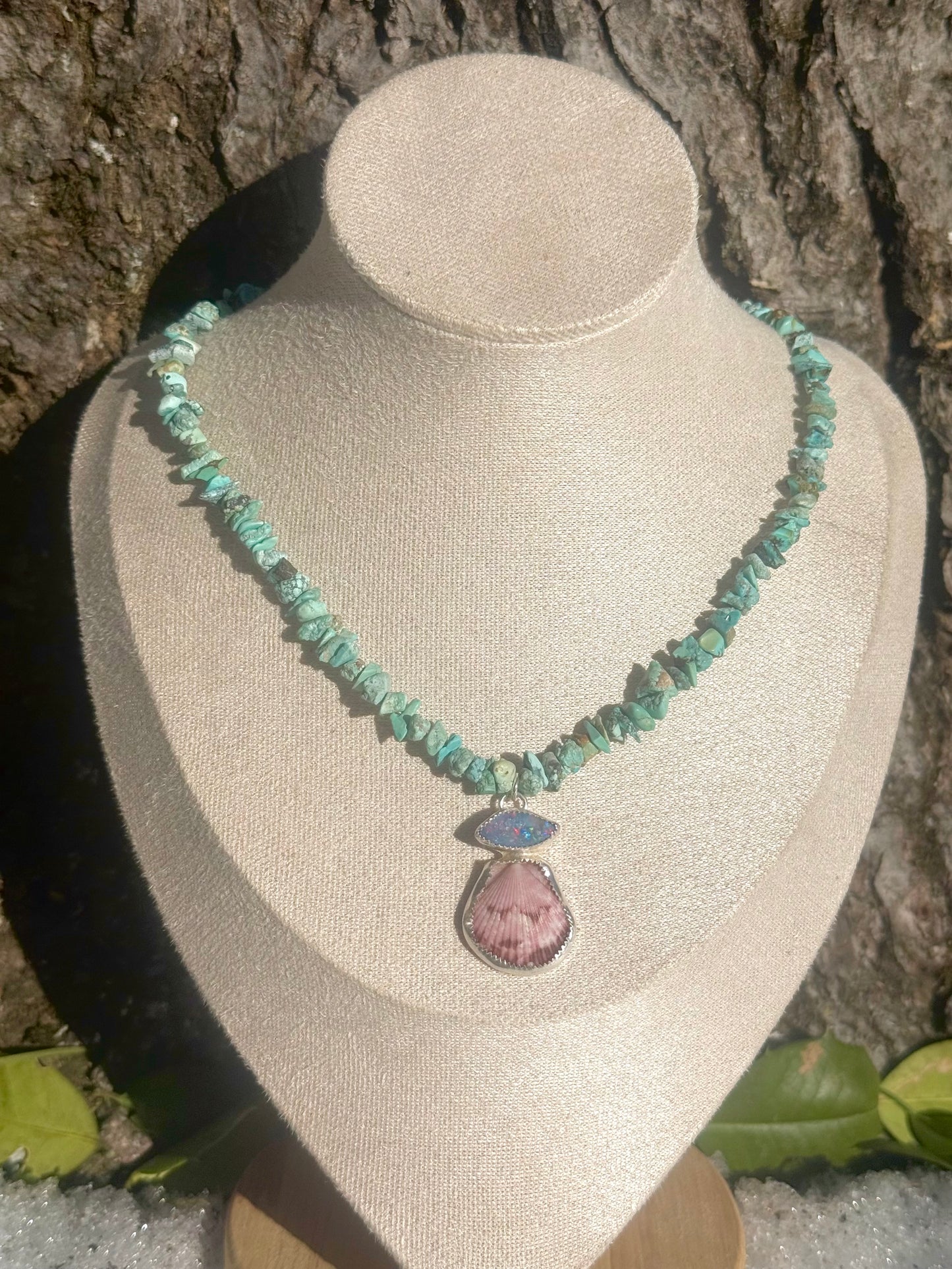 Turquoise necklace with opal and shell 16”