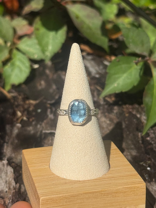 Blue kyanite with flower band size 8