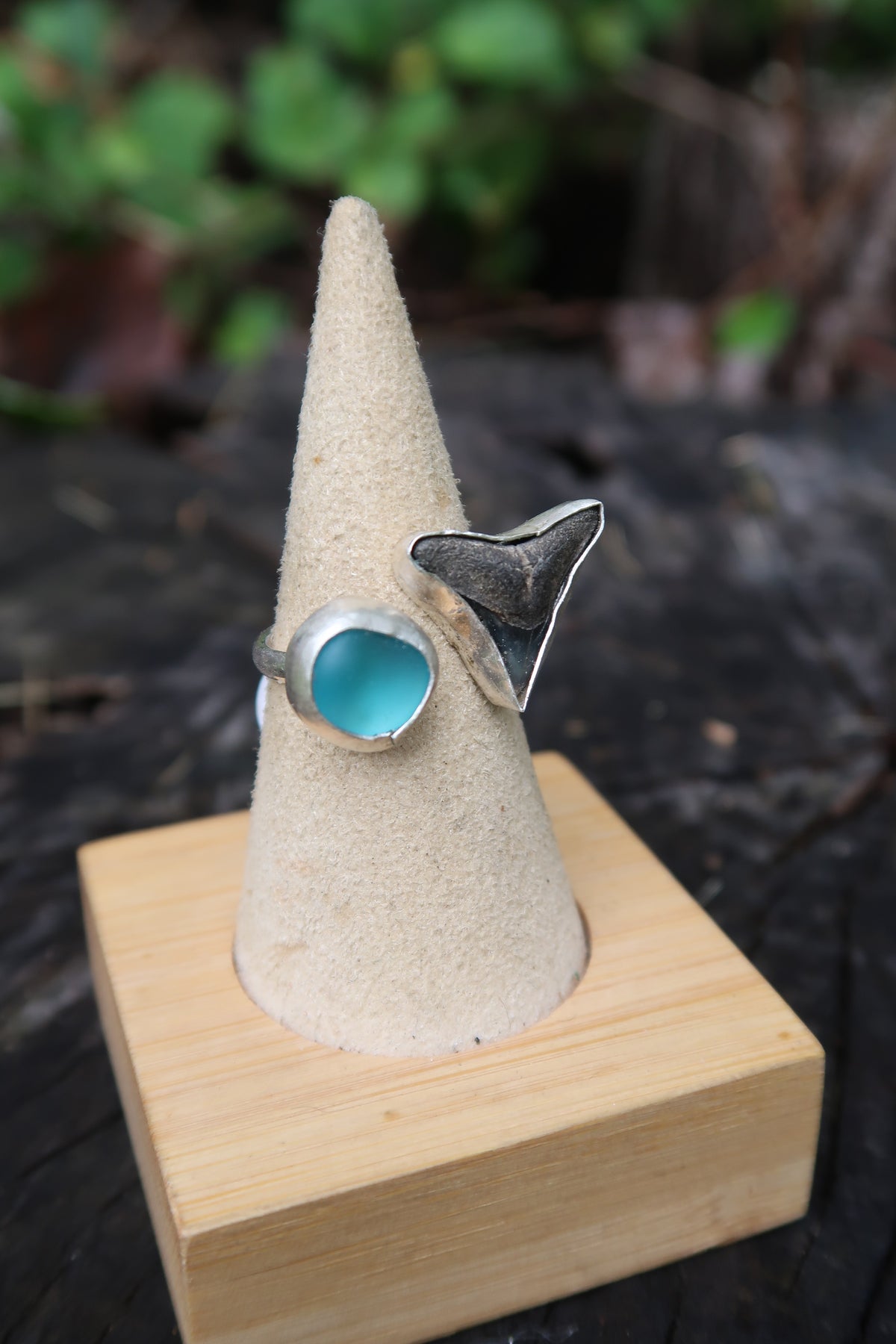 Adjustable blue seaglass and shark tooth ring size 6.5