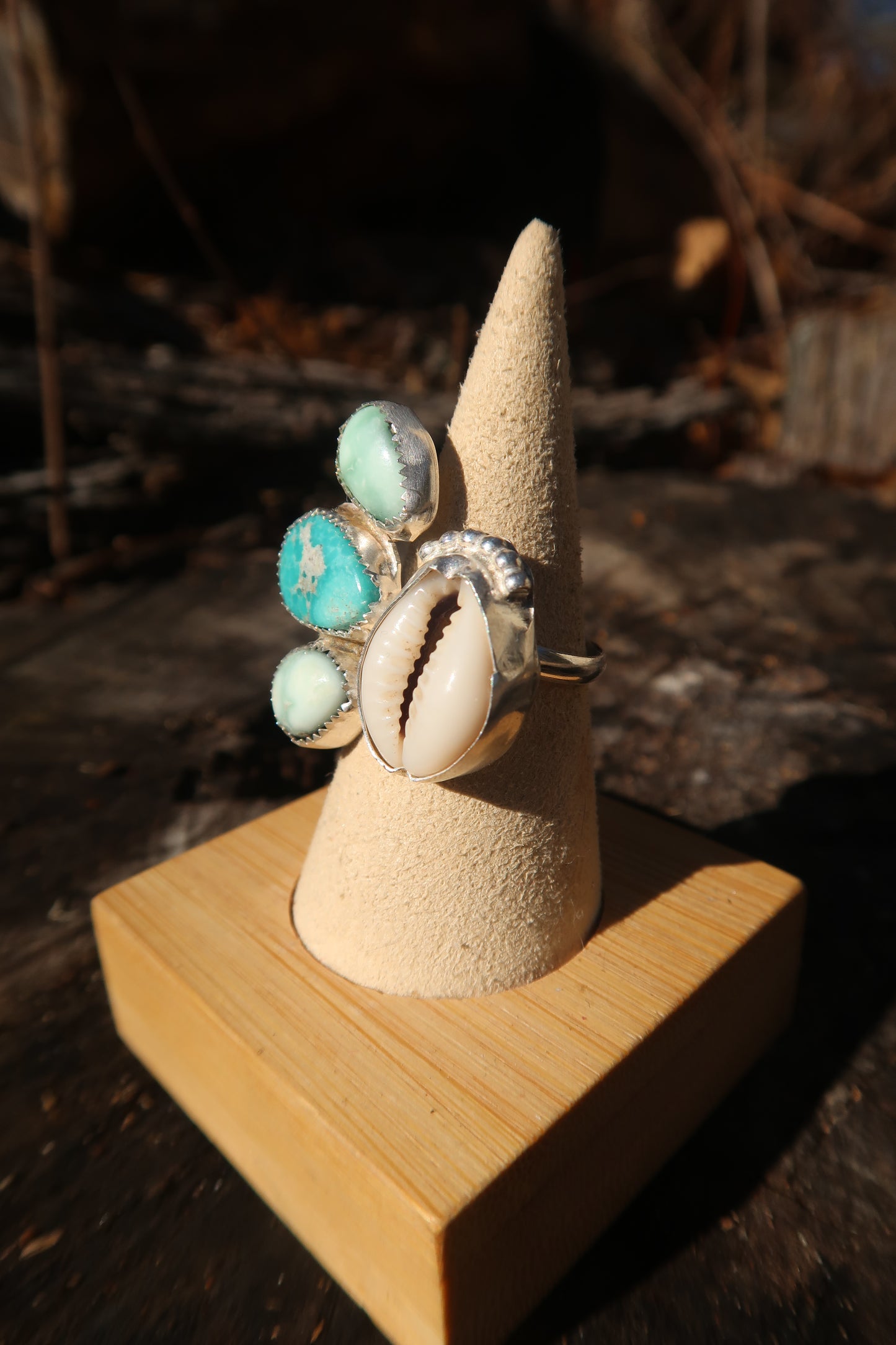 White water turquoise and variscite cowrie shell adjustable ring size 8