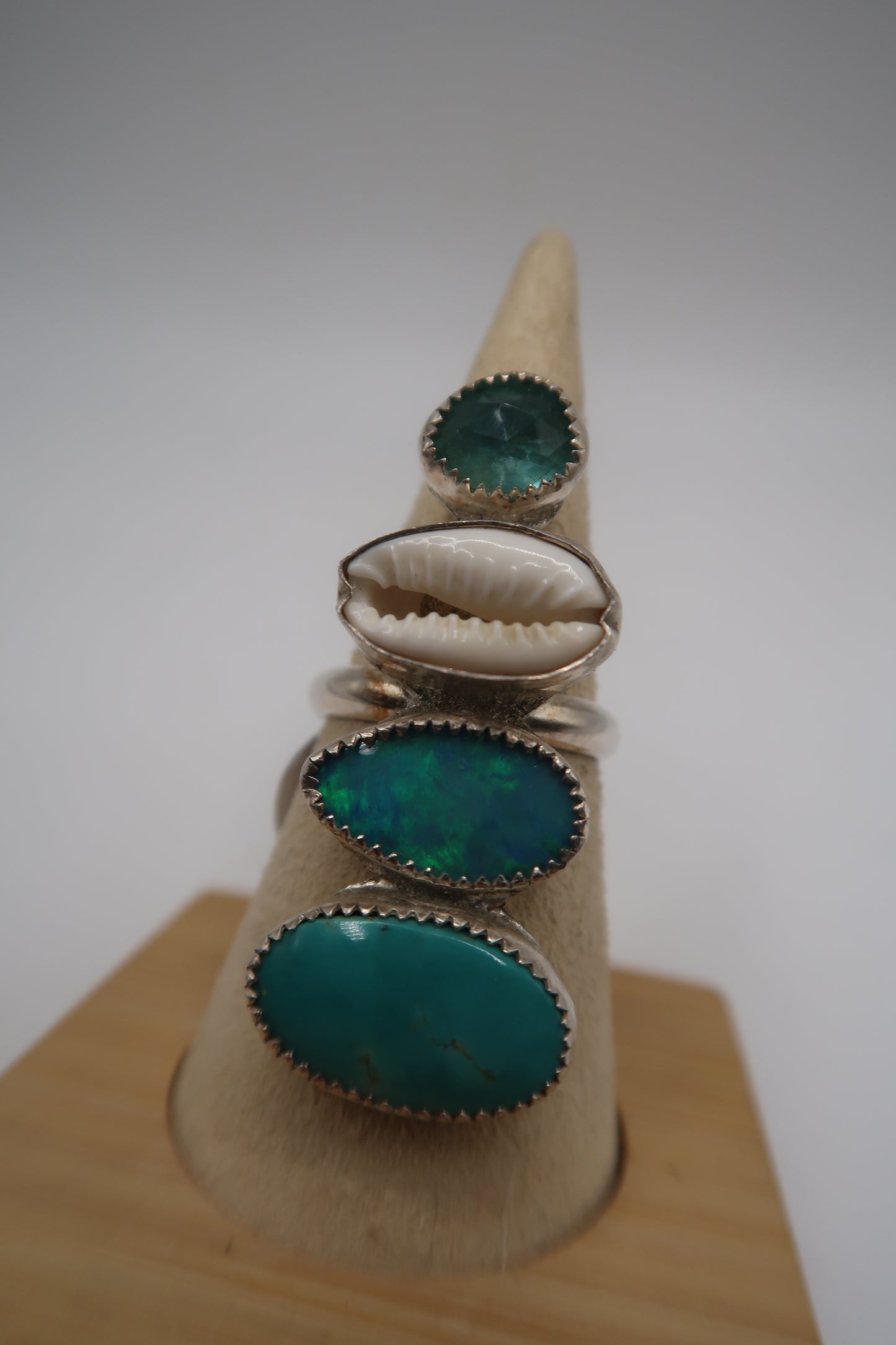 Turquoise, opal, cowrie and paraiba apatite statement ring size 8