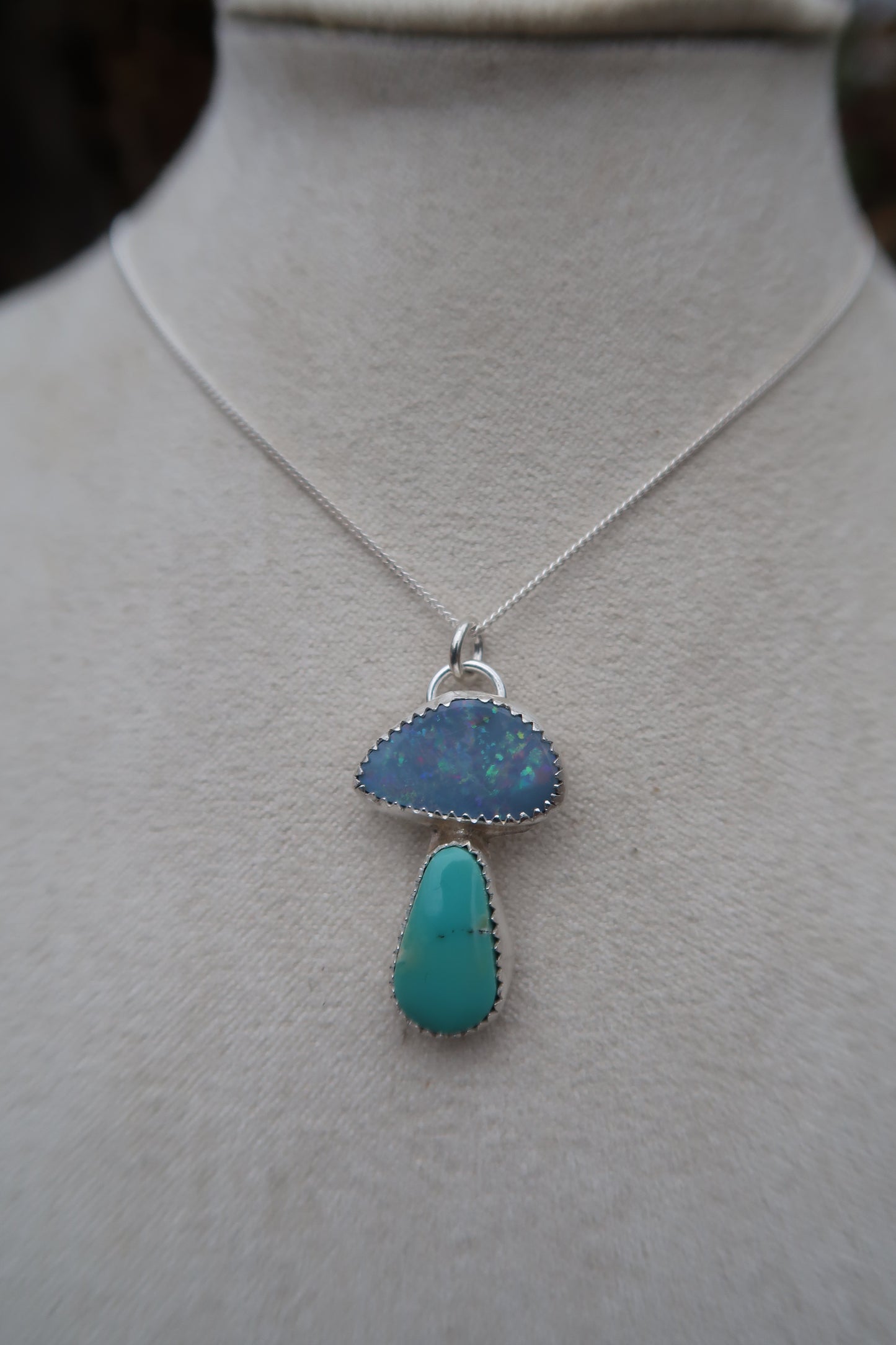 Turquoise and opal mushroom necklace 20”