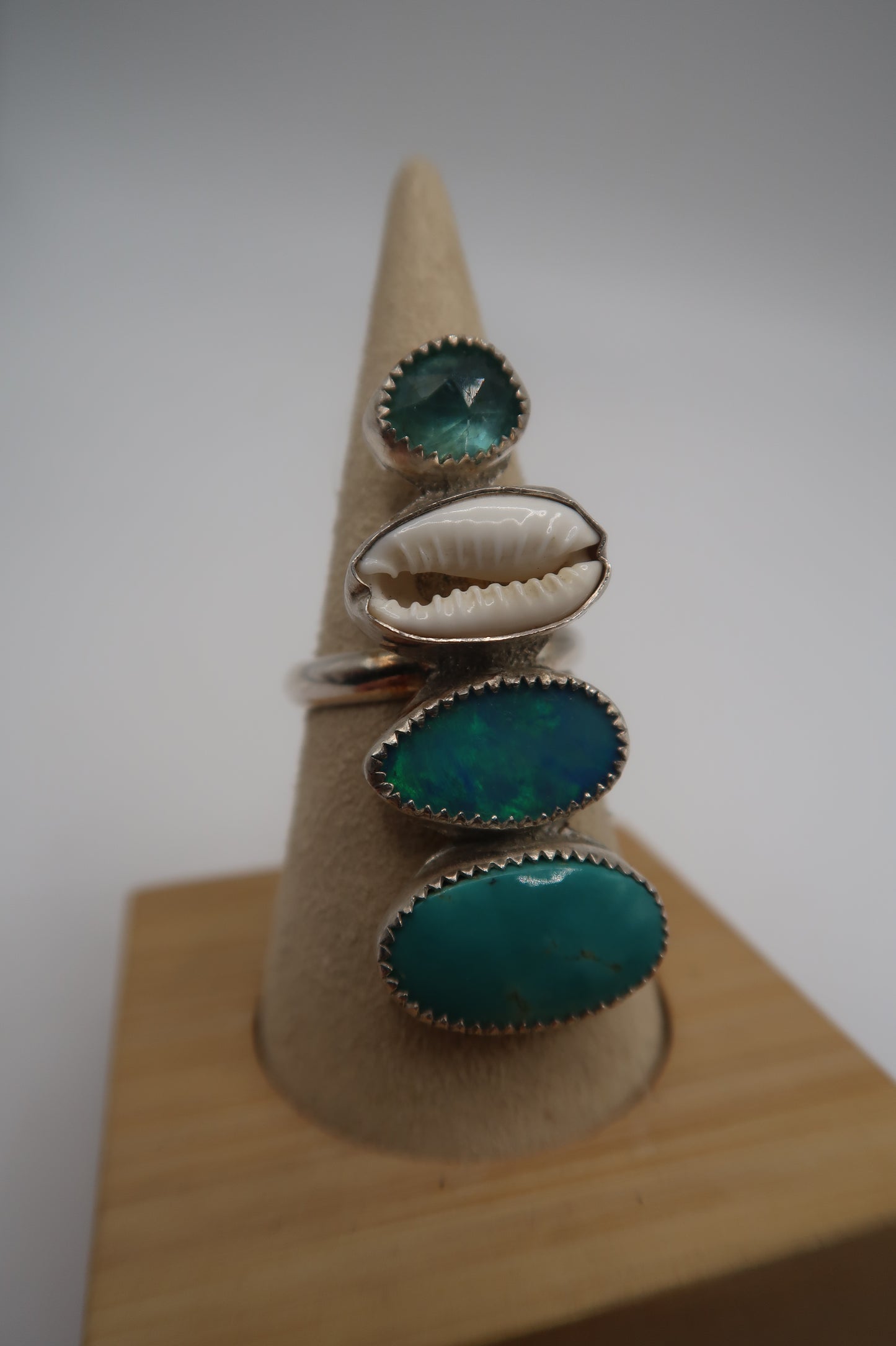 Turquoise, opal, cowrie and paraiba apatite statement ring size 8