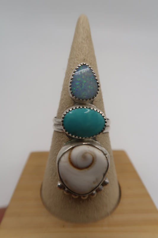 Opal, turquoise and shiva eye ring size 9