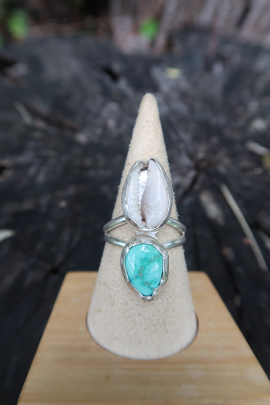 Cowrie shell and verde valley turquoise ring size 10