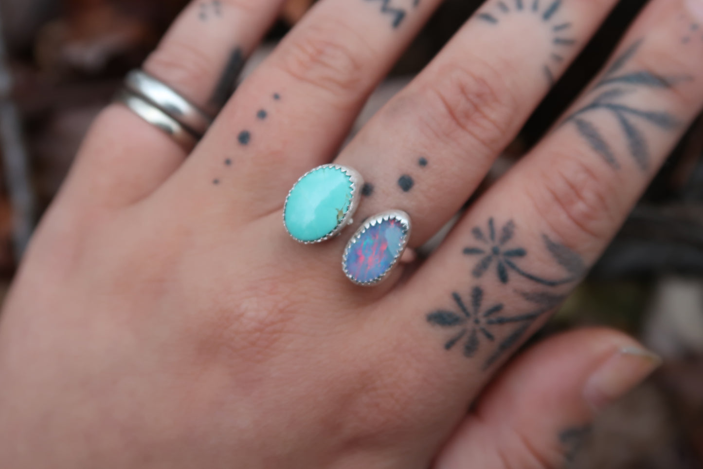 Turquoise and opal open shank ring size 7